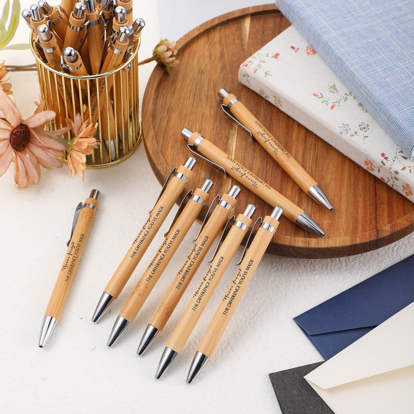 Fuutreo 50 Pcs Employee Appreciation Gift Bulk Inspirational Bamboo Pens Thanks Wood Ballpoint Pen