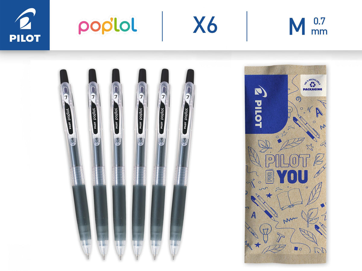 PILOT - Set of 6 Pop'Lol - Gel Ink Roller - Printable and Refillable - Smooth Writing - Black