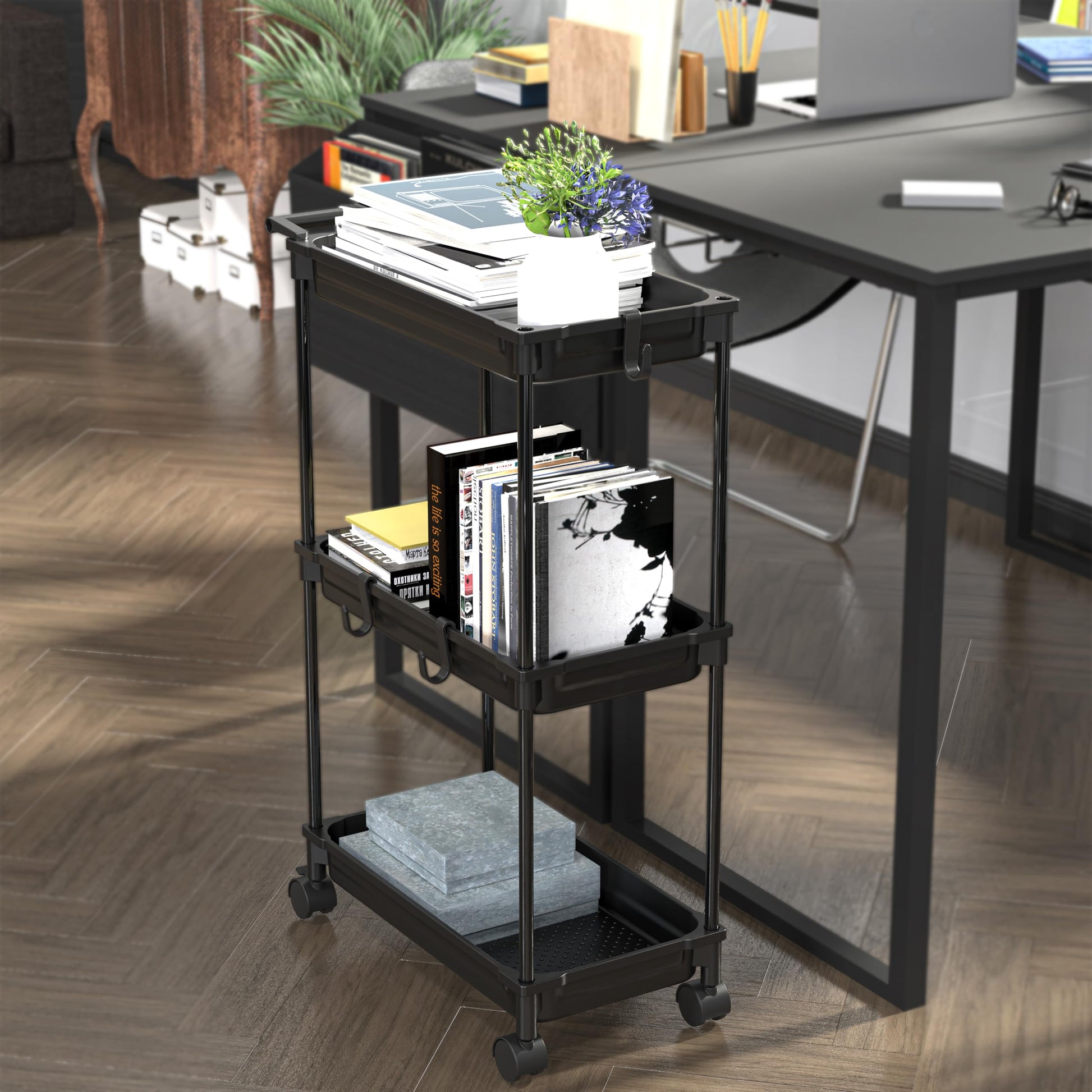 SimpleHouseware Standard 3-Tier Slim Rolling Storage Cart, Black