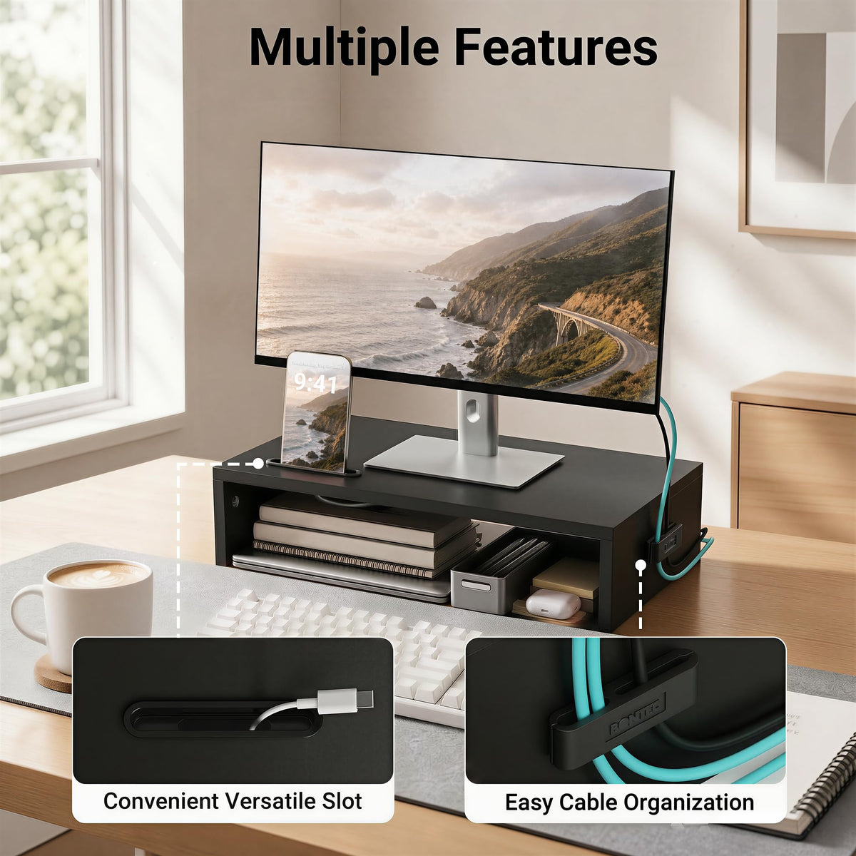 1home Monitor Stand Riser, 16.7 Inch Wood Monitor Riser Stand with Storage Organizer, Desktop