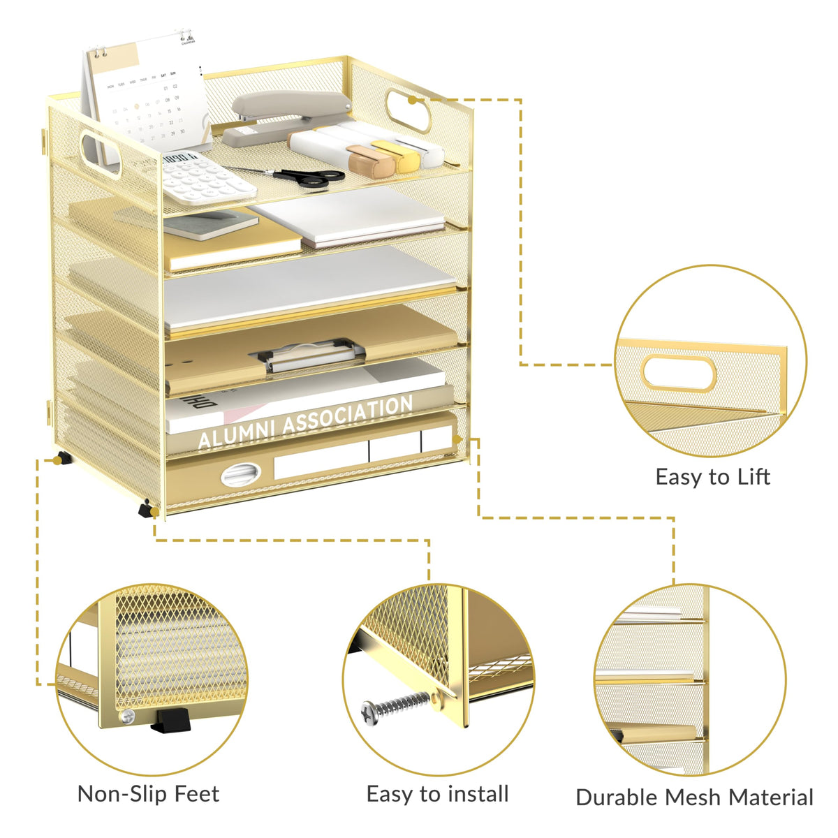 Daltack 6-Tier Paper Organizer for Desk with Handle, Gold, 2 Pack