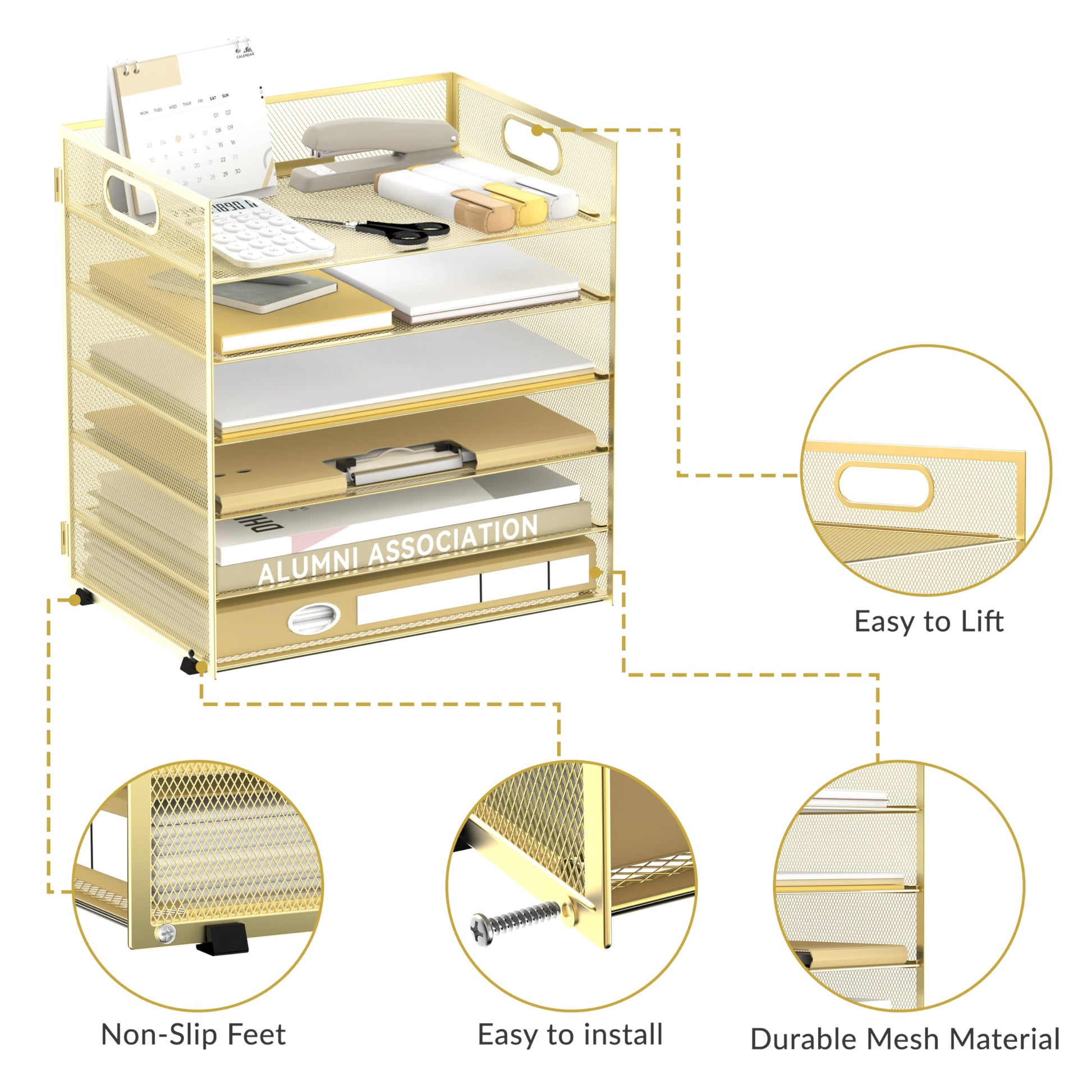 Daltack 6-Tier Paper Organizer for Desk with Handle, Gold