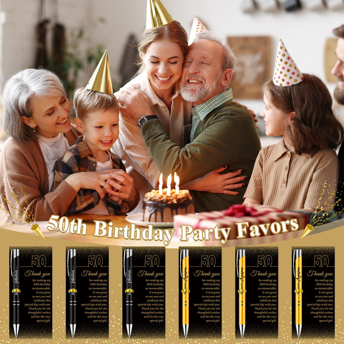 Feifeiya 50th Birthday Party Favors with Black Gold Pens Thank You Cards