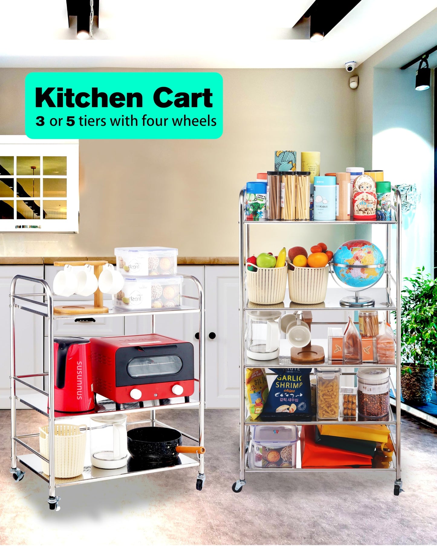 susunnus Stainless Steel Cart,Movable,3 Tier,for Kitchen,Living Room