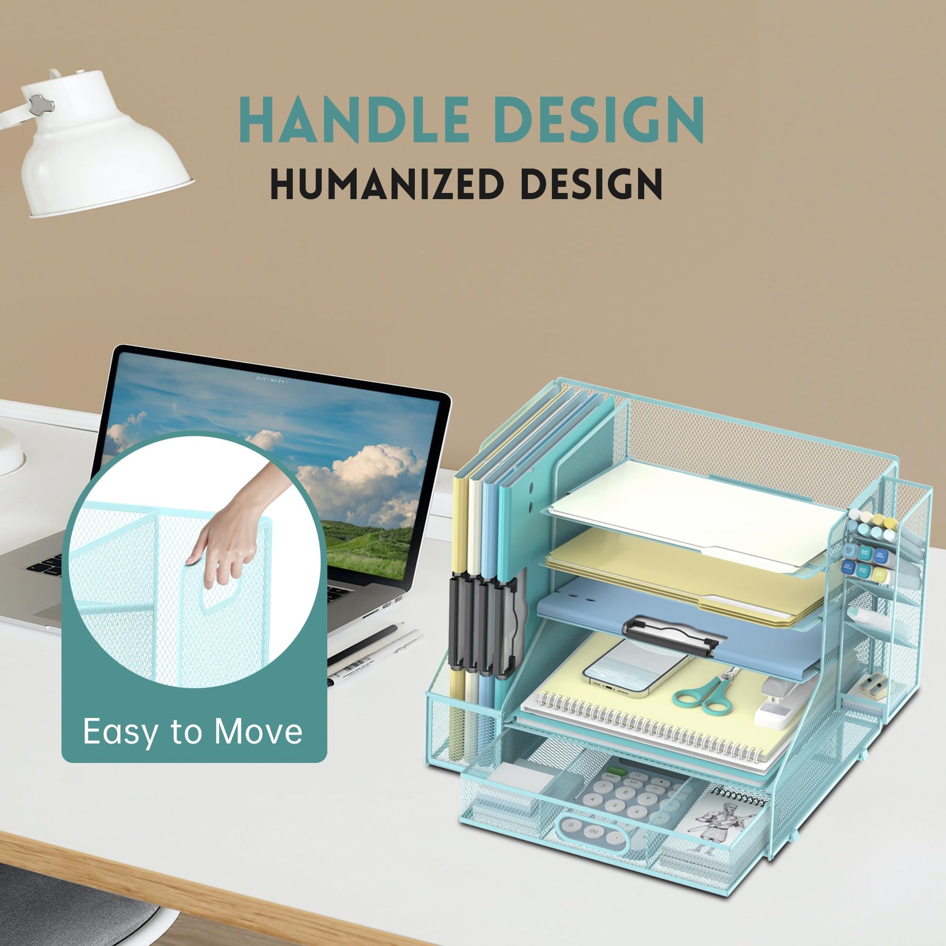 5-Tier Desk Organizer with File Holder & Pen Holder & Sliding Drawer, Blue