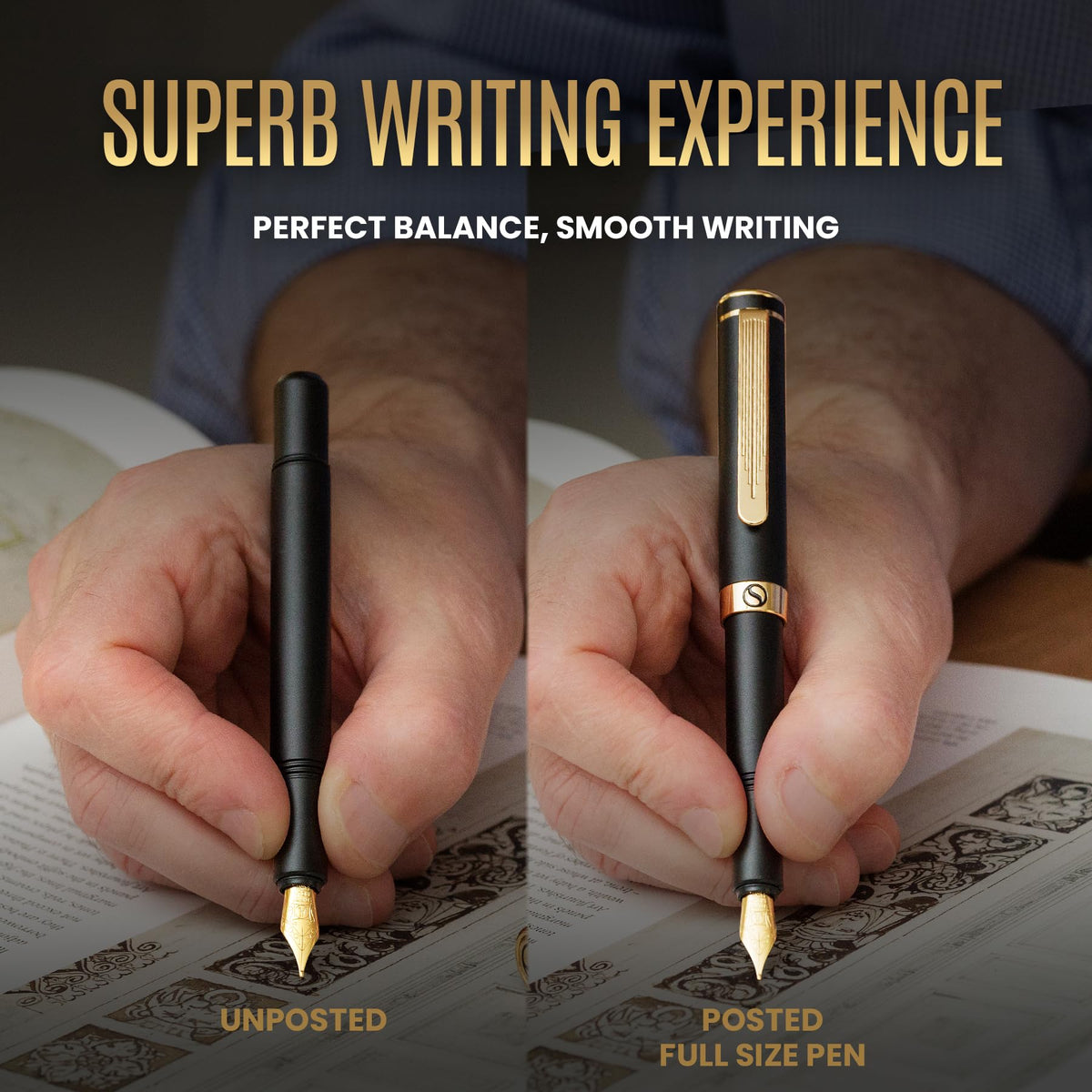 Scriveiner Luxury EDC Fountain Pen (Medium), Stunning Luxury Black Pocket Pen, Real Gold Plating