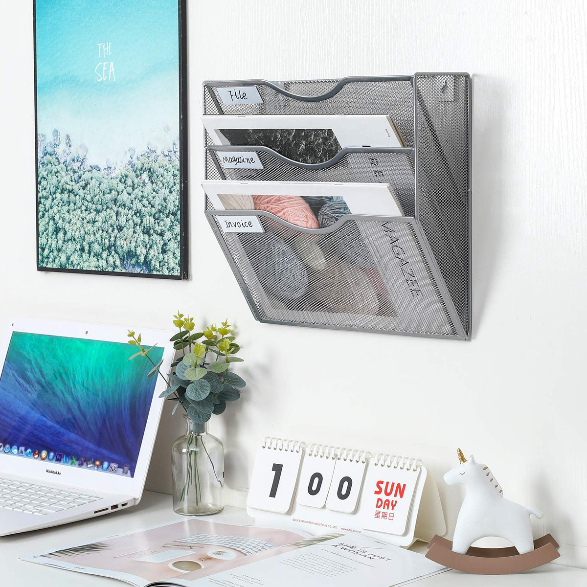 PAG-Mass Hanging Wall File Holder Mail Organizer Wall Mount Document Letter Rack, 3-Tier, Silver