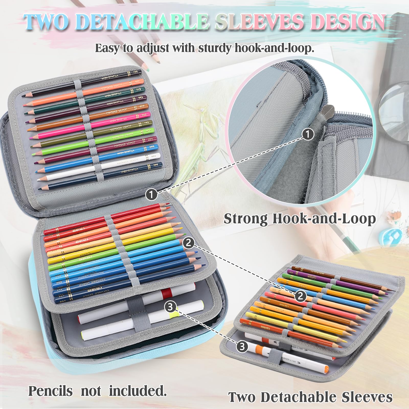 VX VONXURY Large Pencil Case, 54-Slot Colored Pen Pouch 2 Removable Sleeves