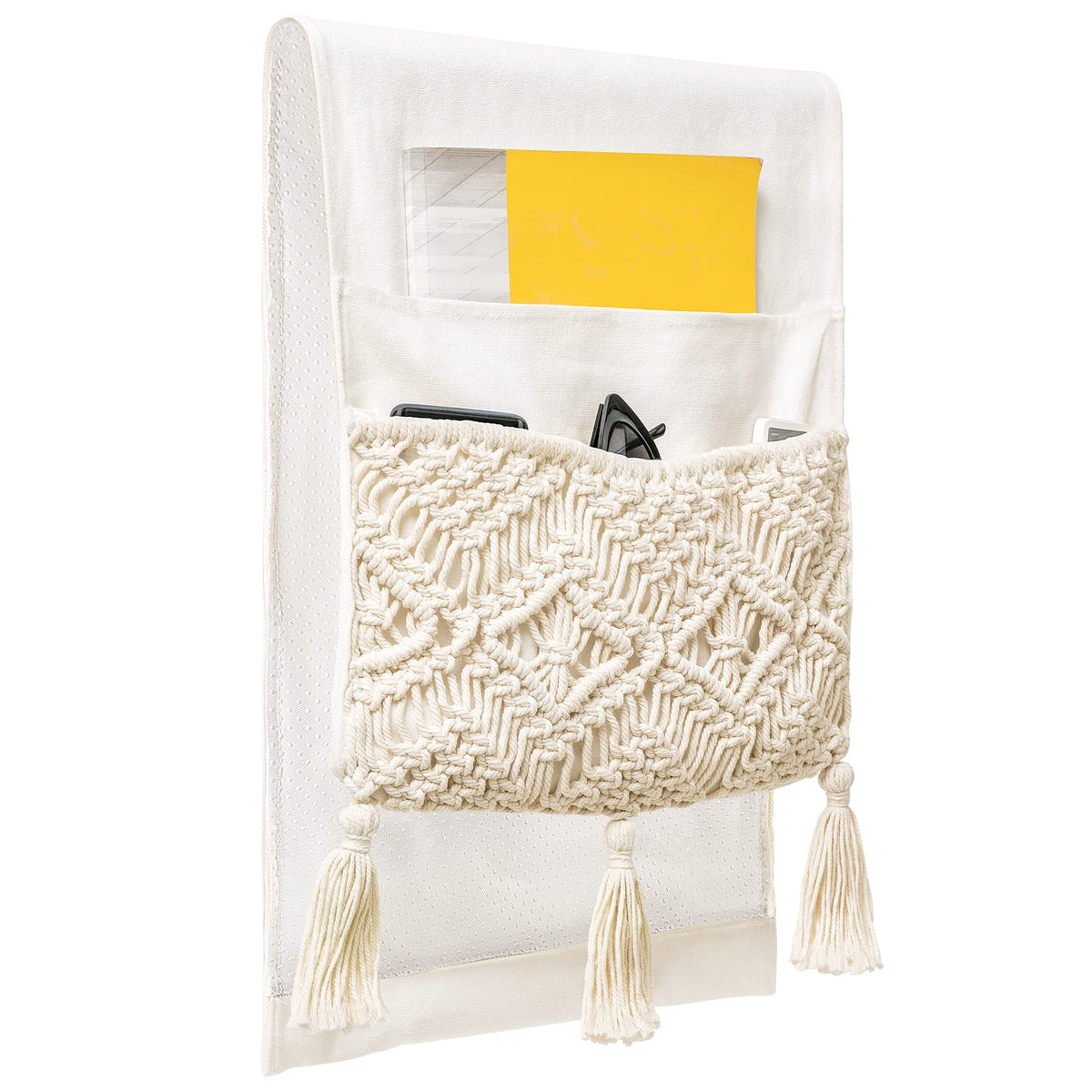 Mkono Macrame Armchair Caddy, Boho Couch Armrest Organizer, 4 Pockets Beige