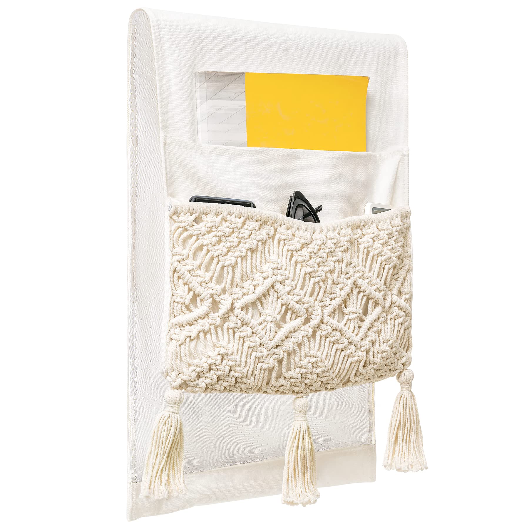 Mkono Macrame Armchair Caddy, Boho Couch Armrest Organizer, 4 Pockets Beige