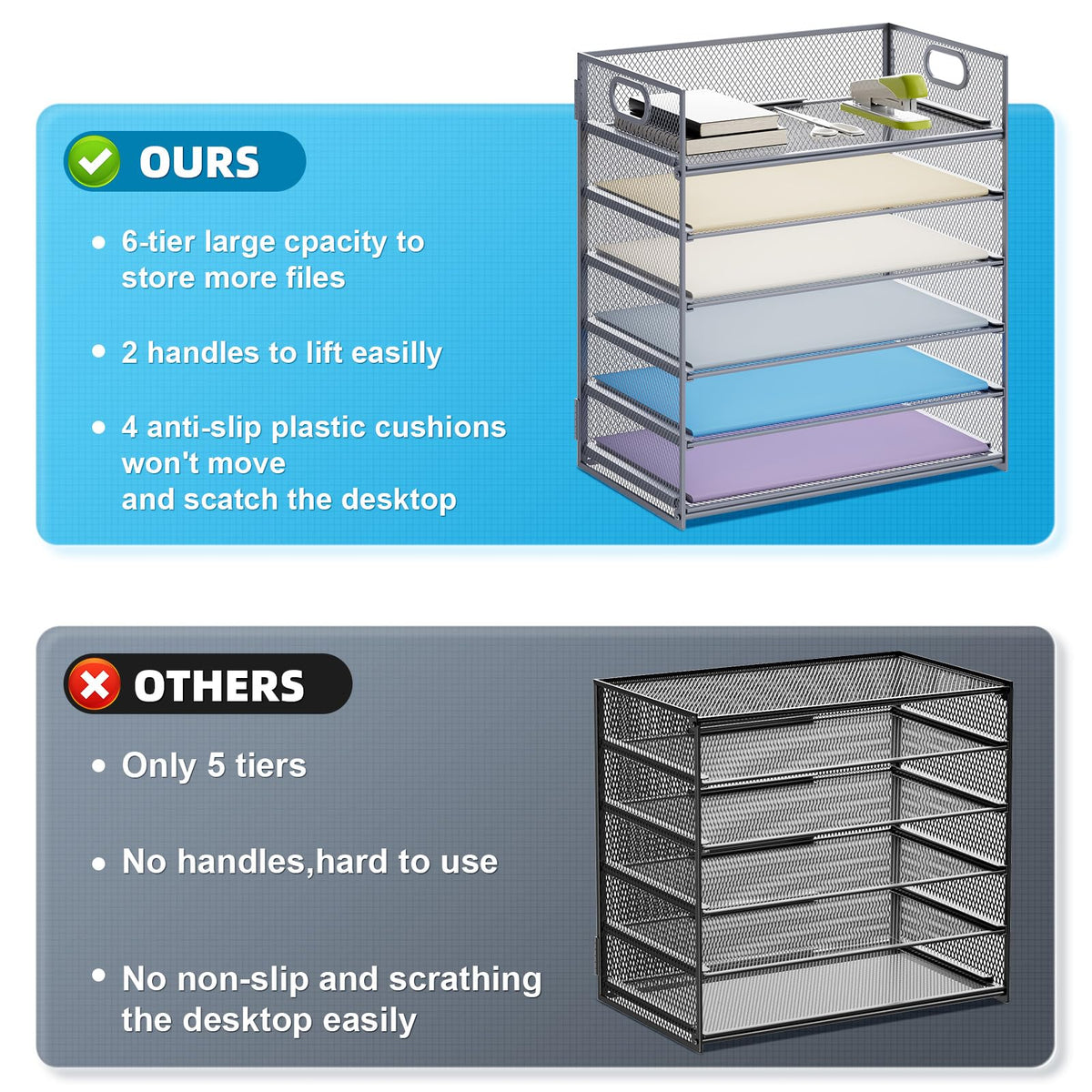 Marbrasse 6 Tier Paper Organizer Letter Tray - Mesh Desk File Organizer with Handle, Paper Sorter