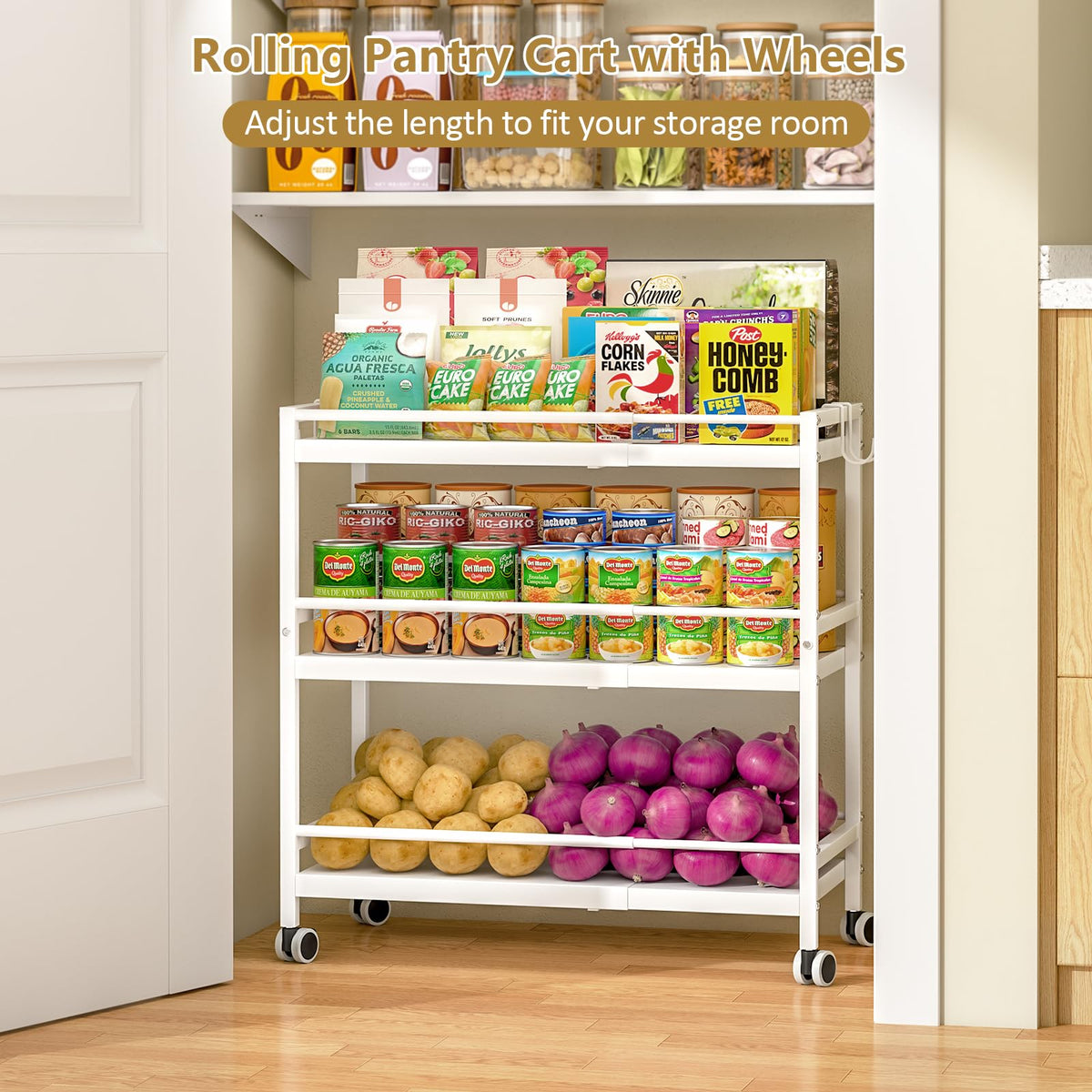 3-Tier Expandable Rolling Pantry Organizers and Storage Cart with Wheels, Adjustable Pantry Floor