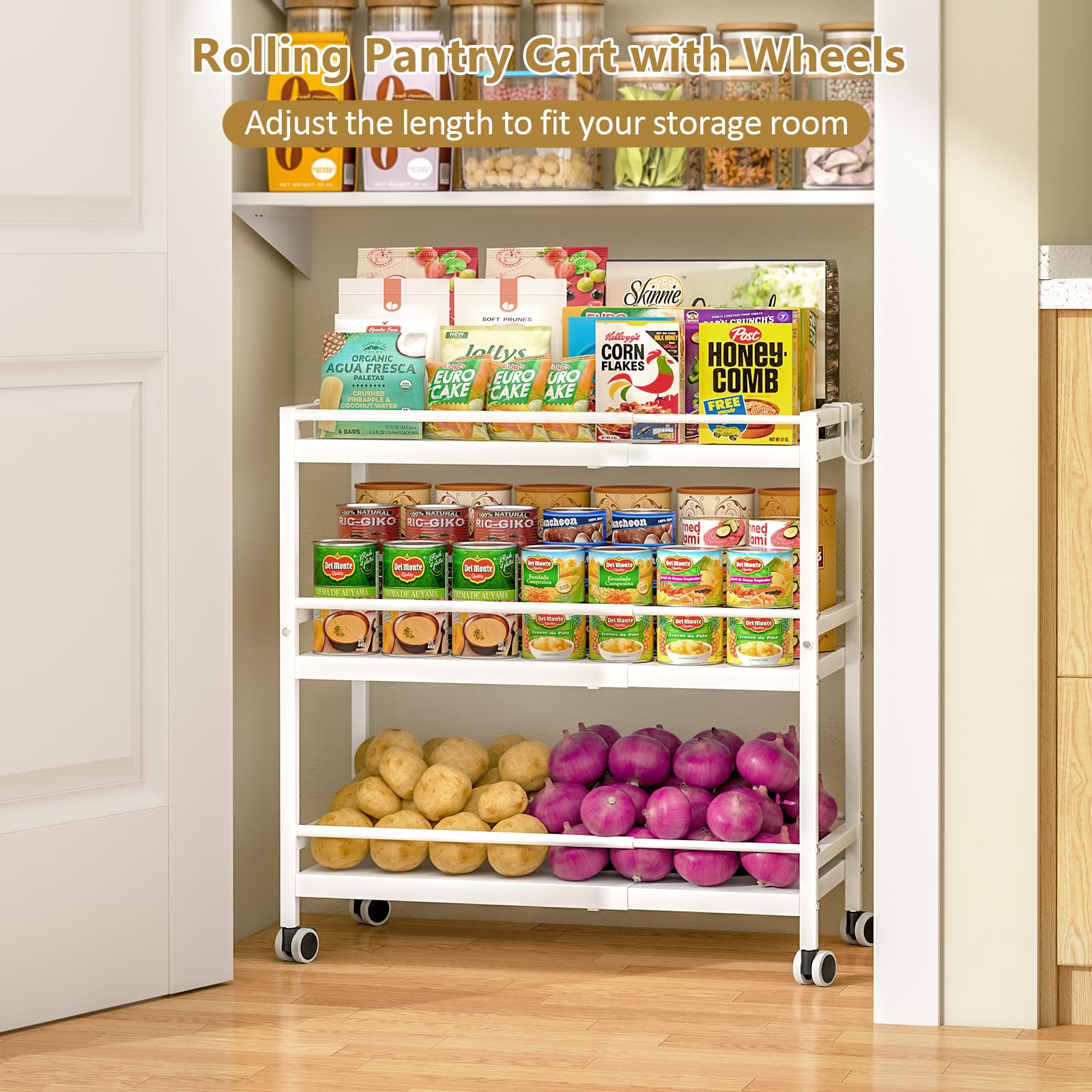 3-Tier Expandable Rolling Pantry Organizers and Storage Cart with Wheels, Adjustable Pantry Floor