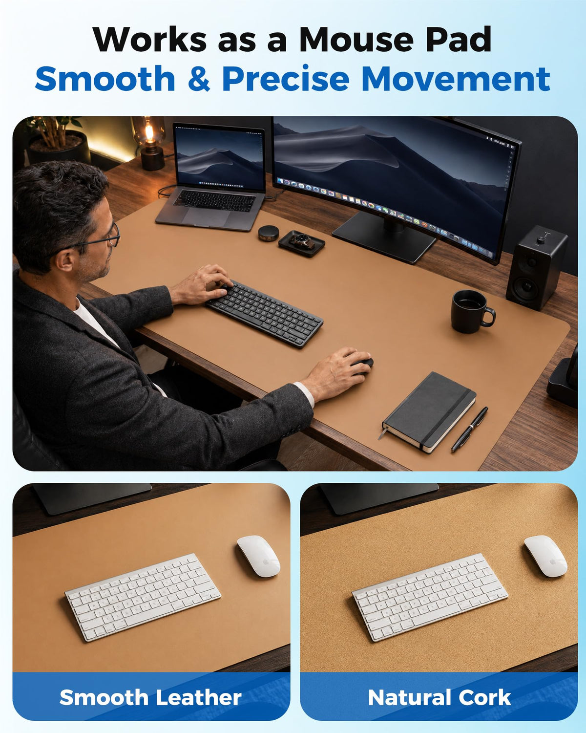 Aothia Dual-Sided Desk Pad - Leather Desk Mat, Natural Cork Desk Pad Protector, Large Mouse Pad for