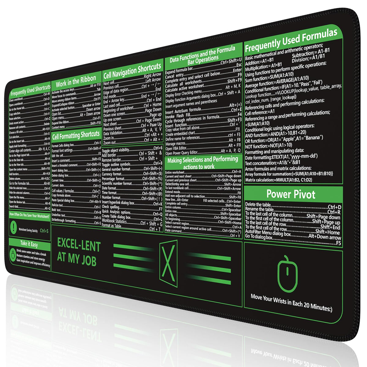 iCasso Excel Cheat Sheet Desk Pad, Excel Mouse Pad Shortcuts
