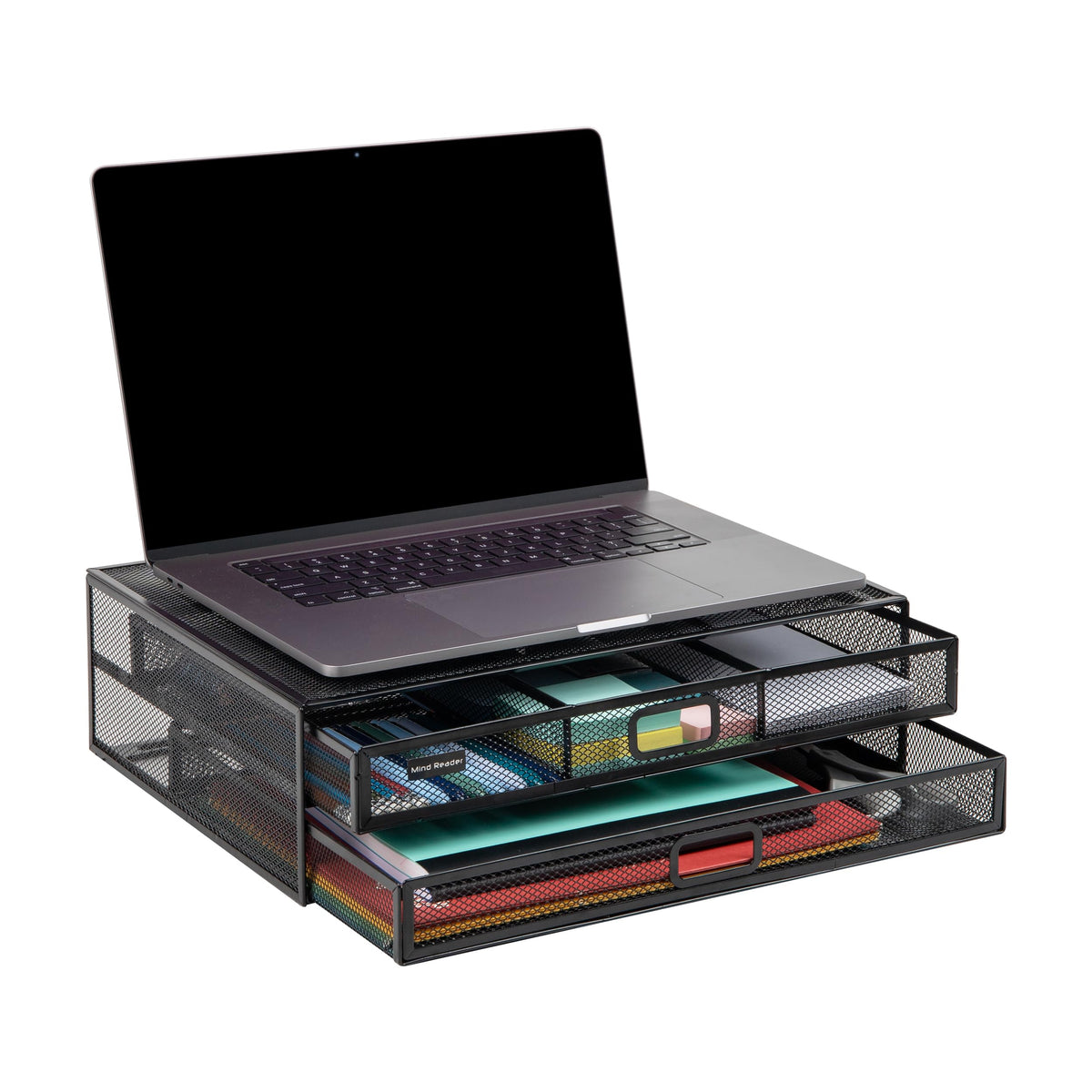 Mind Reader Monitor Stand, Ventilated Laptop Riser, Storage Drawer, Office, Metal Mesh, Black