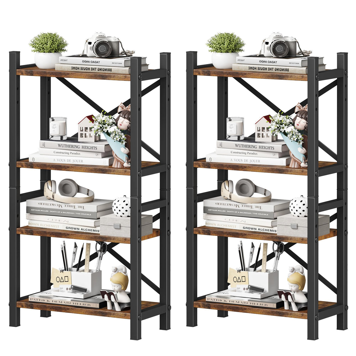 2-Pack Desktop Bookshelf, 4-Tier Stackable Narrow Bookcase, Adjustable Industrial Desk Organizer &