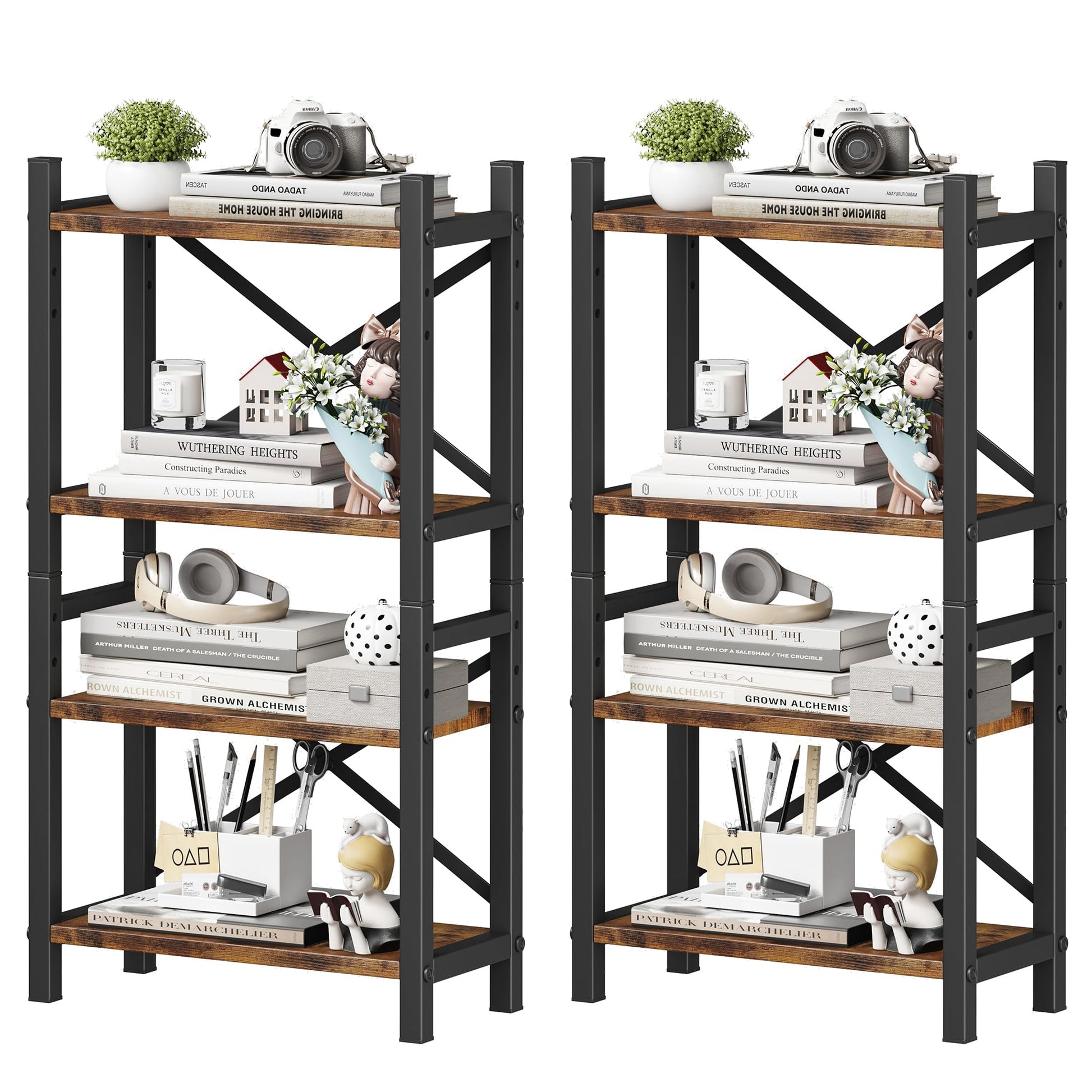 2-Pack Desktop Bookshelf, 4-Tier Stackable Narrow Bookcase, Adjustable Industrial Desk Organizer &