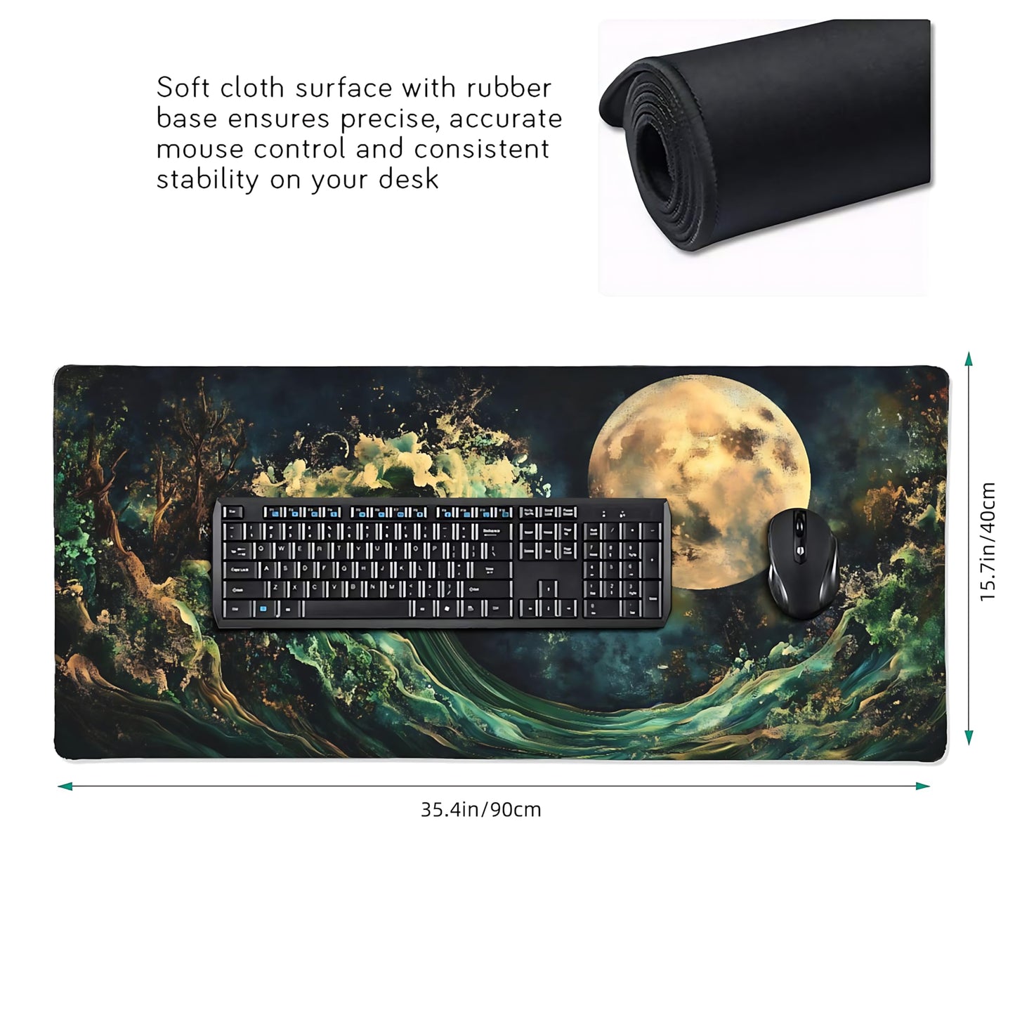 Aesthetic Kanagawa Great Wave Gaming Mouse Pad, Deep Forest Green Japanese Desk Mat with Anti-Slip