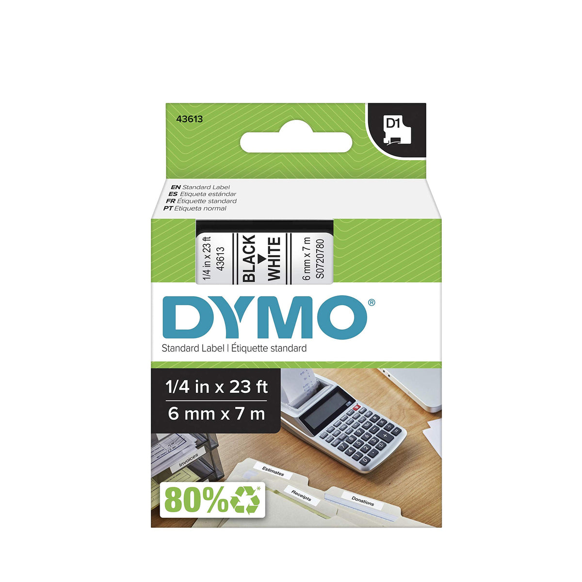 DYMO Standard D1 43613 Labels for LabelManager Label Makers, 1/4" W x 23' L, Black Print on White