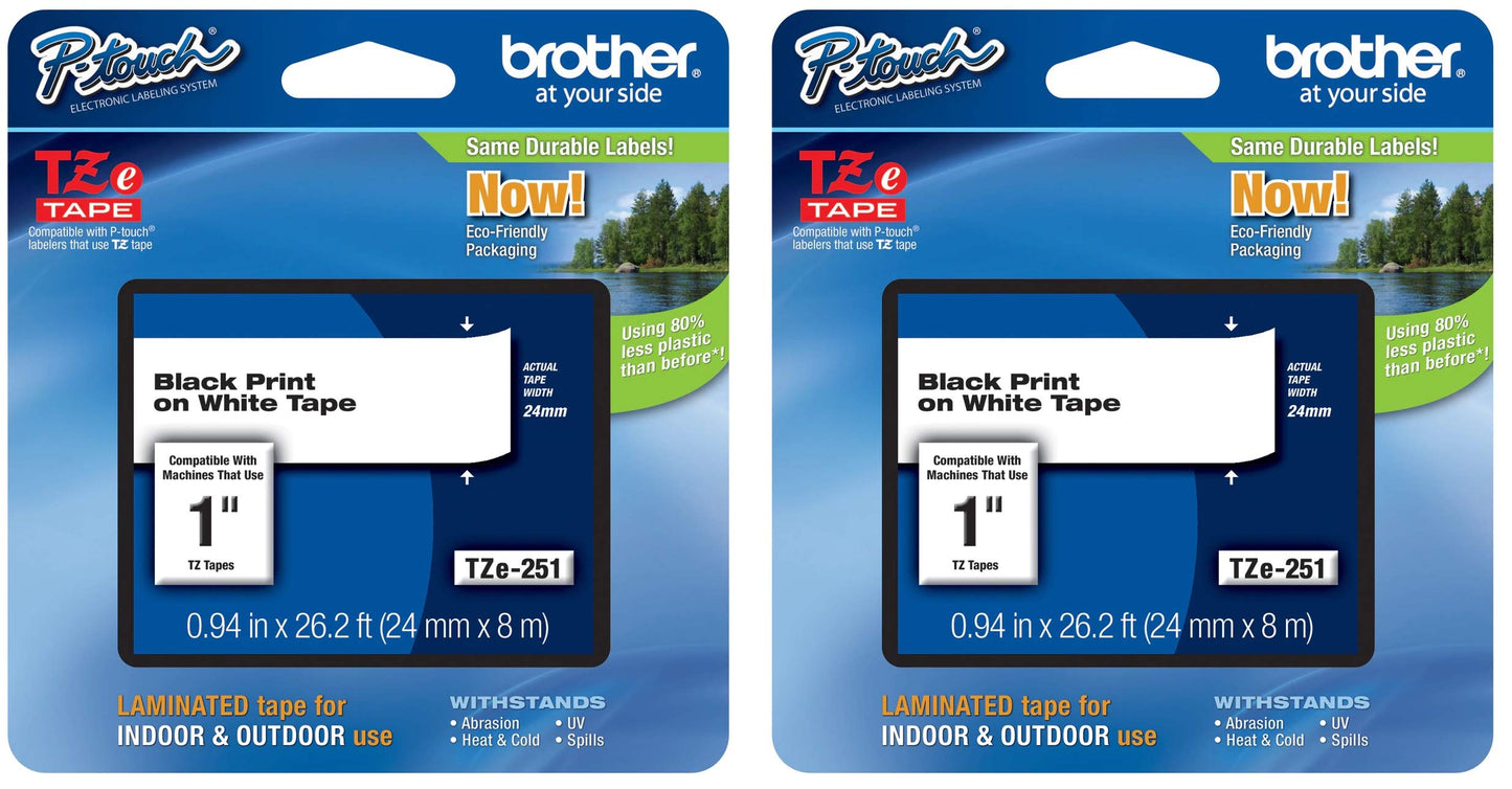 Brother Genuine P-Touch 2-Pack TZe-251 Laminated Tape, Black Print on White Standard Adhesive