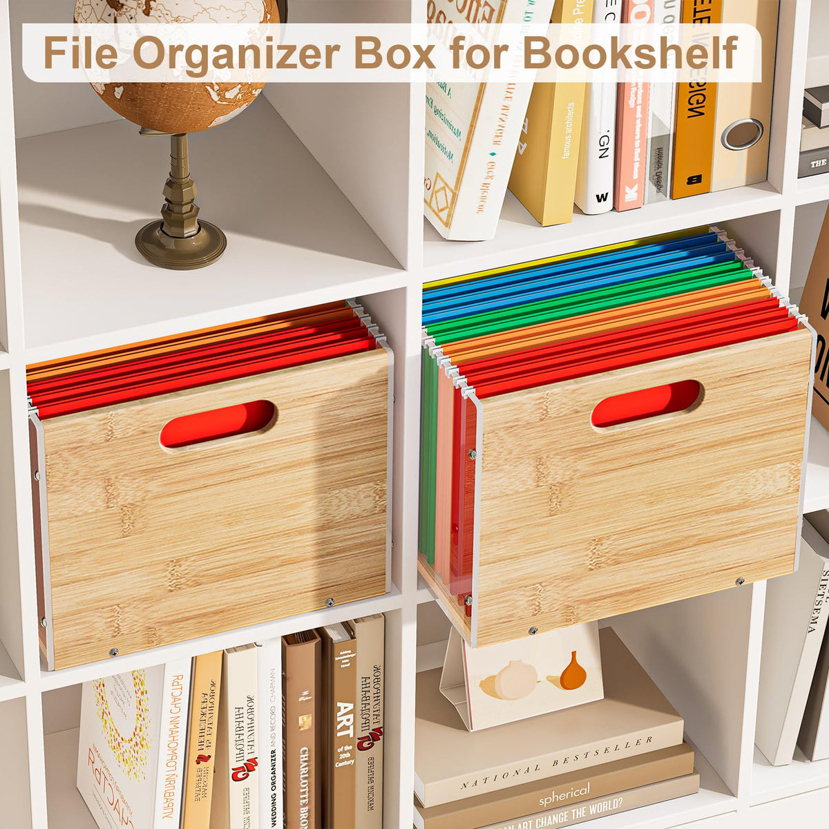 Sbanmao Clear Acrylic File Box Organizer, Bamboo Hanging Folder Storage Boxes, Filing Crate Bin