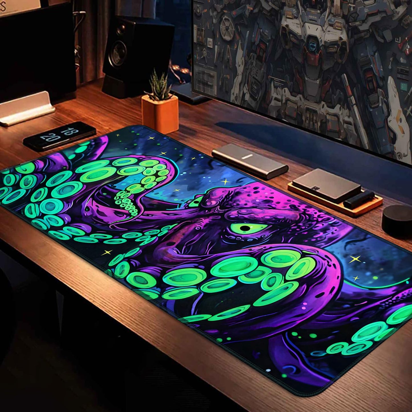 Simpkeely Blacklight Octopus Gaming Mouse Pad – UV Reactive Kraken Tentacles Desk Mat, Neon Glow in