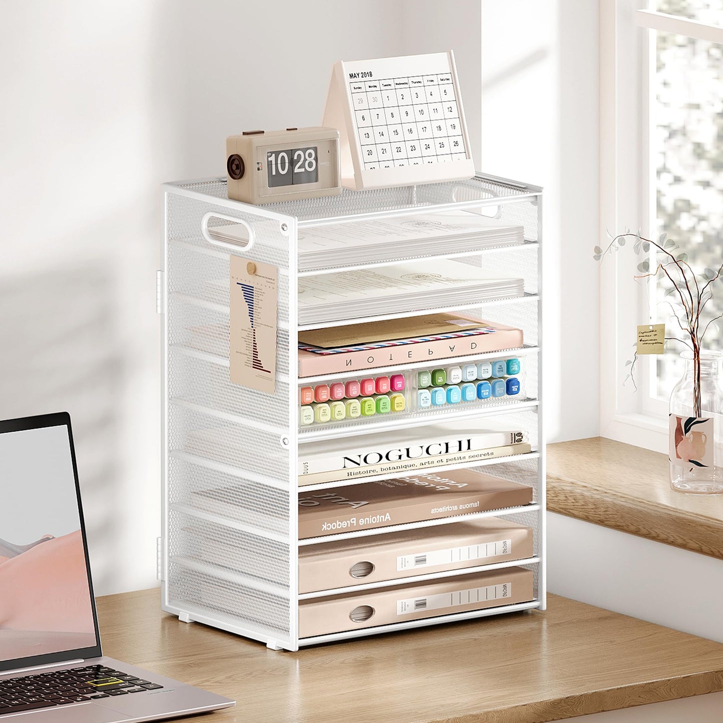 SUBEKYU 9 Tier Paper Letter Tray Desk Organizer with Handles - White Metal Mesh File Holder Paper
