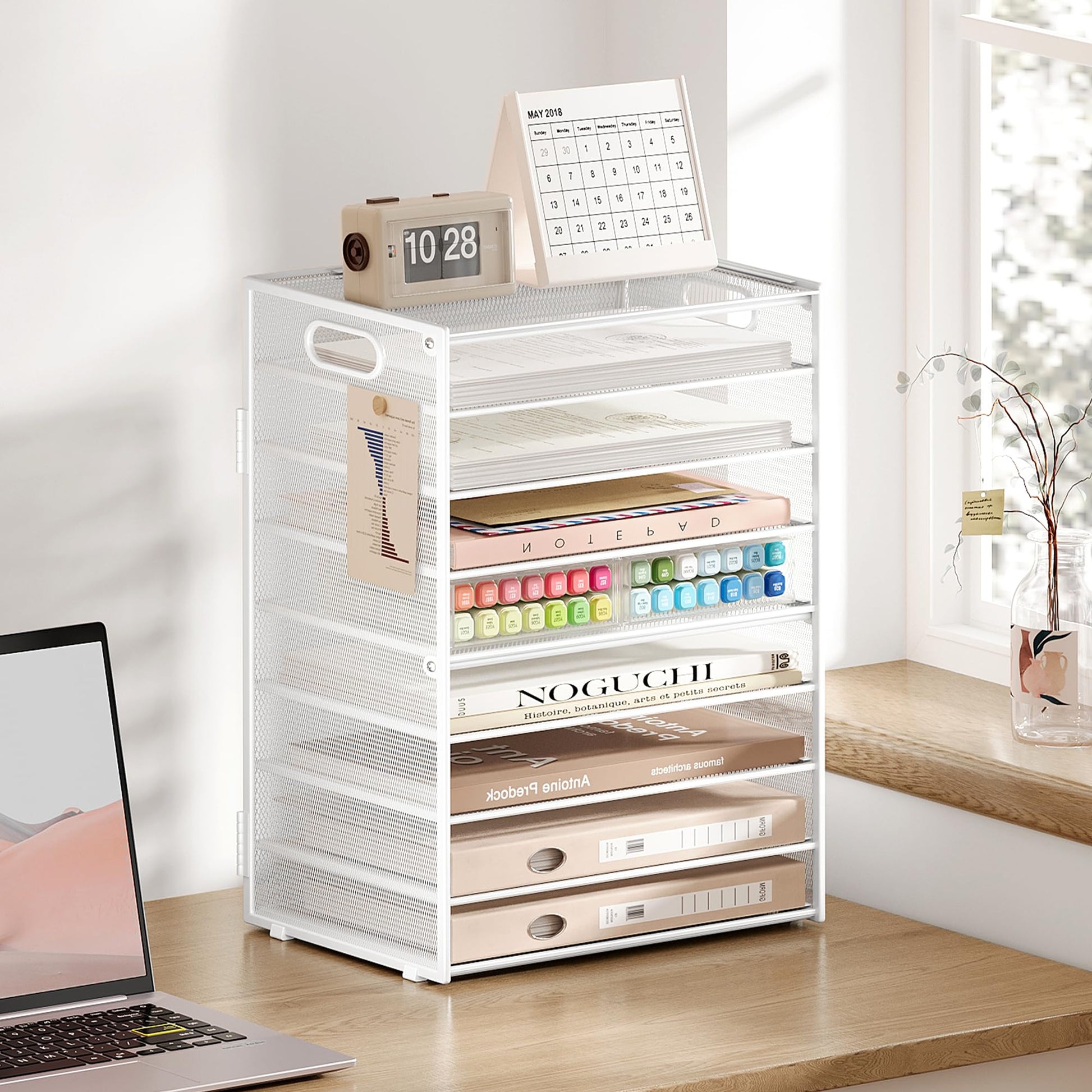 SUBEKYU 9 Tier Paper Letter Tray Desk Organizer with Handles - White Metal Mesh File Holder Paper