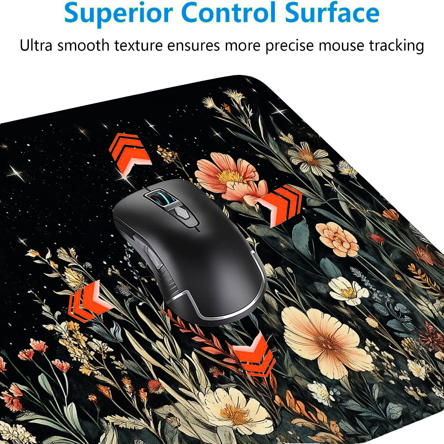 Cute Mystical Plants Desk Pad Whimsical Moon Stars Extended Gaming Mouse Mat with Stitched Edge