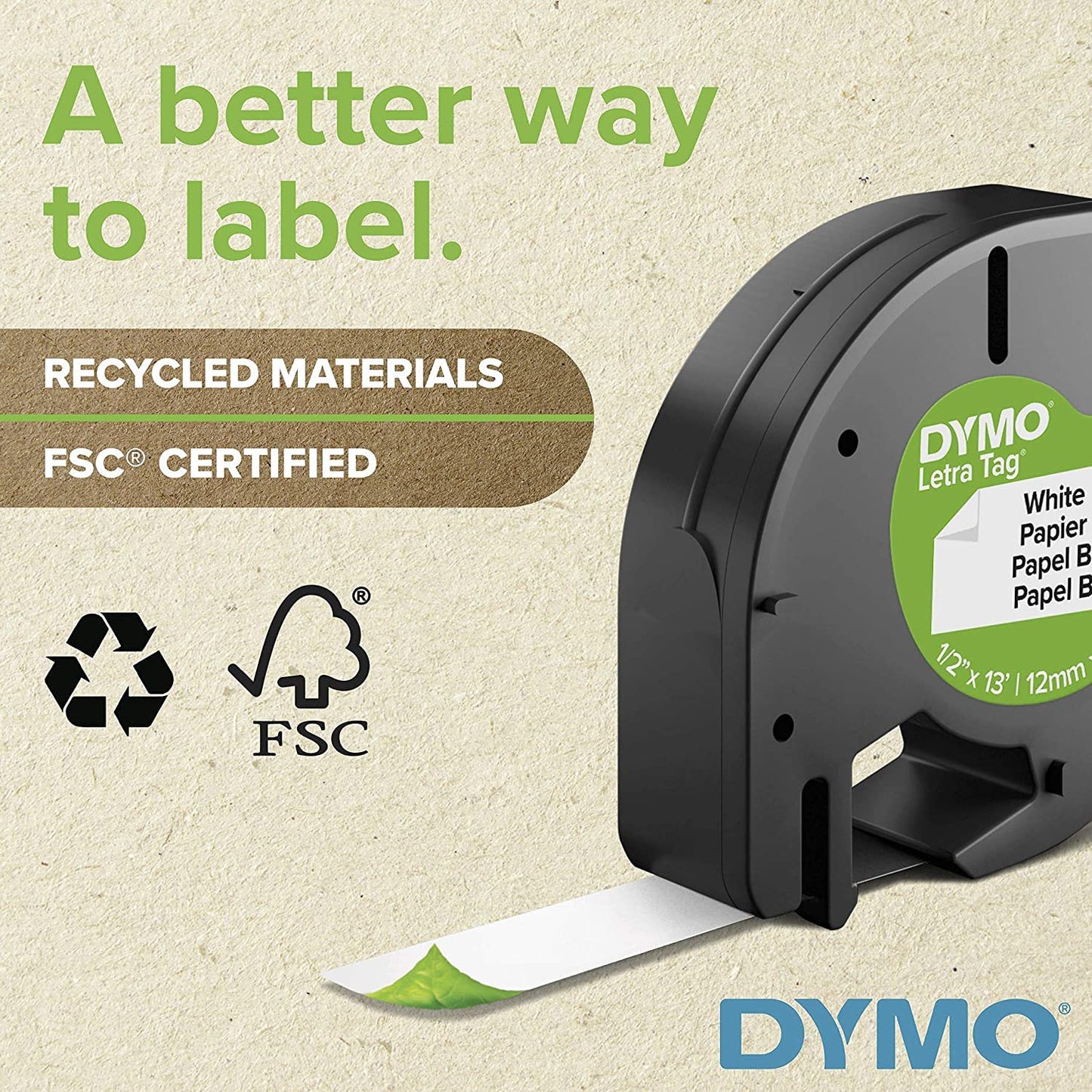 Dymo 10697 Self-Adhesive White Paper Labeling Tape for LetraTag, 2 Blister Packs (4 Refills), Black