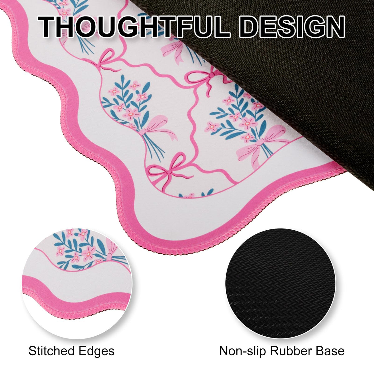 L-SPOUTTO Pink Floral Mouse Pad,Cute Scalloped Desk Mat XXL Gaming Mousepad
