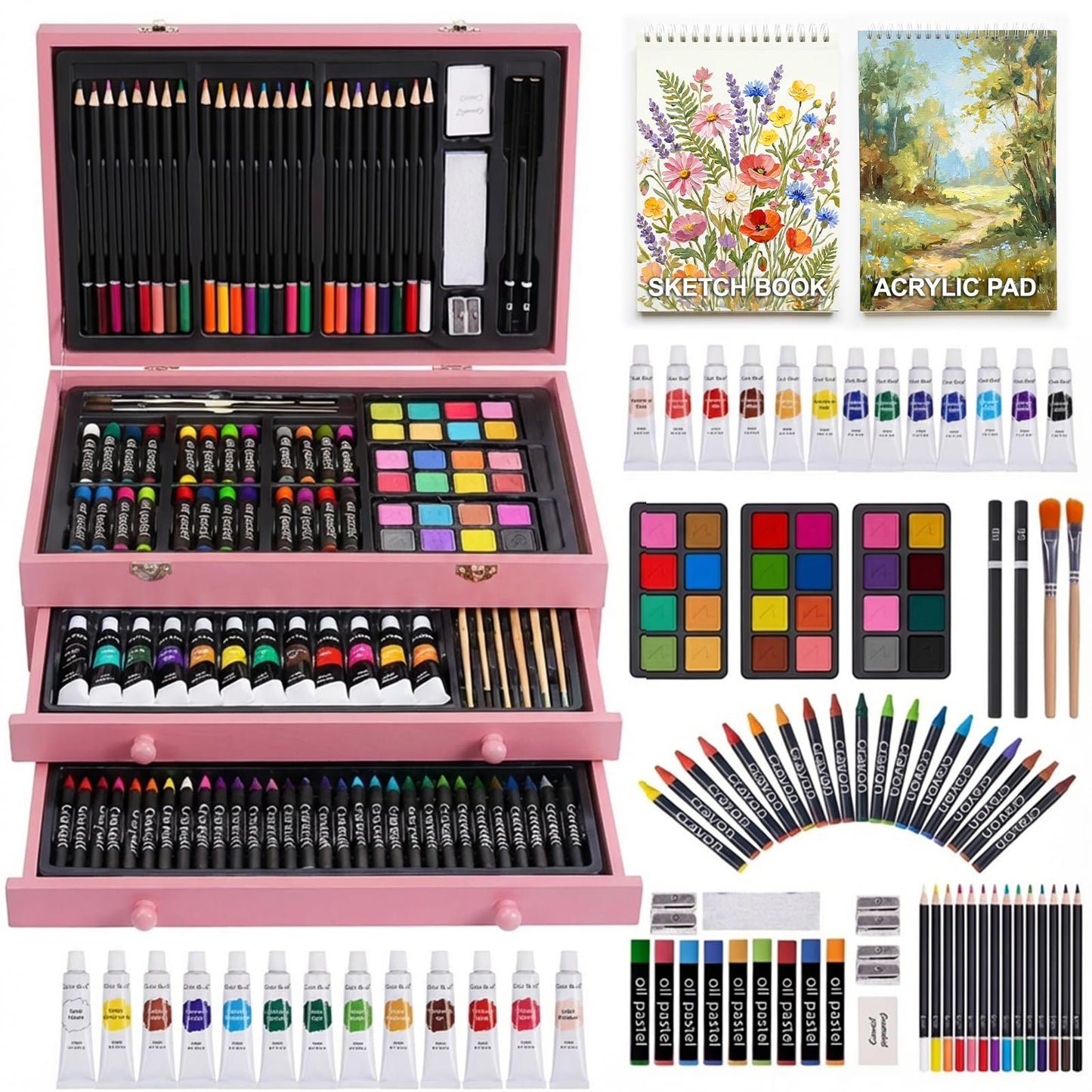 175-Pack Deluxe Wooden Art Set Drawing Painting Kit with 2 Drawing Pads, Acrylic Paints, Colored
