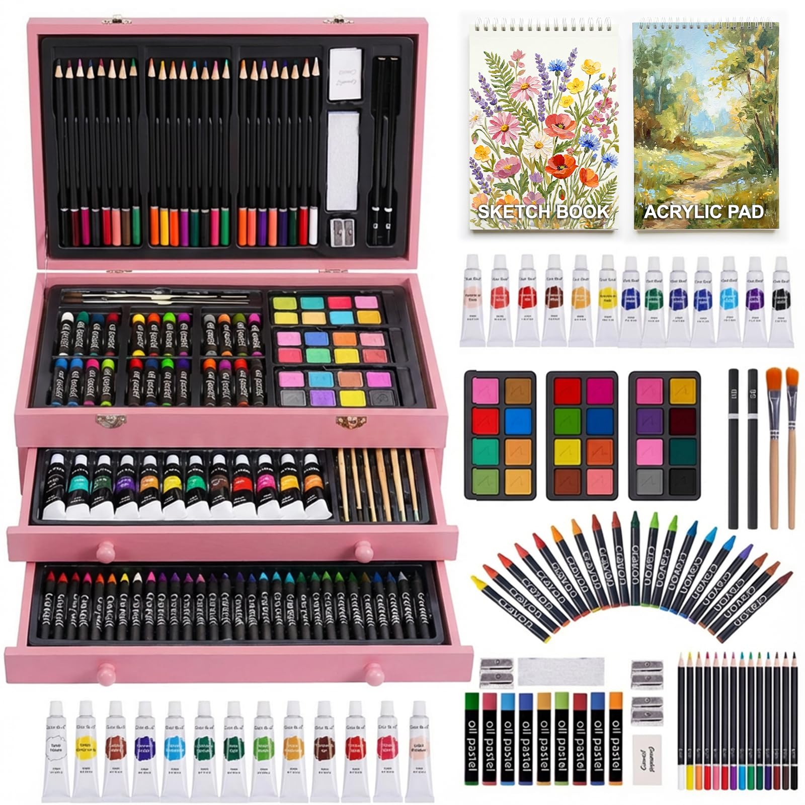 175-Pack Deluxe Wooden Art Set Drawing Painting Kit with 2 Drawing Pads, Acrylic Paints, Colored