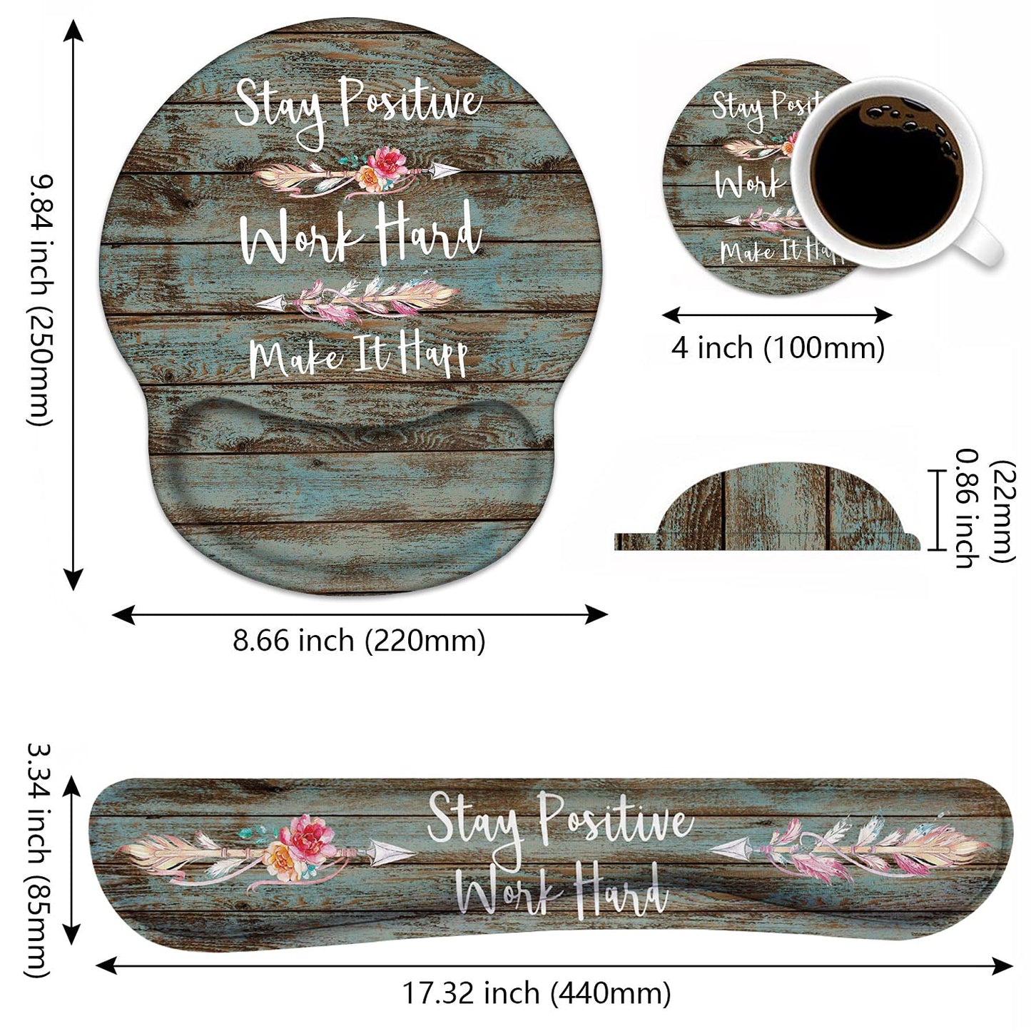 Keyboard Wrist Rest and Mouse Pad Wrist Rest Support Set with Coasters, Stay Positive Work Hard and