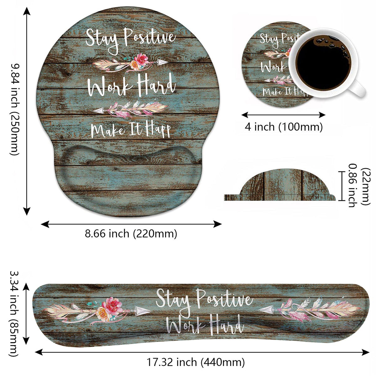 Keyboard Wrist Rest and Mouse Pad Wrist Rest Support Set with Coasters, Stay Positive Work Hard and