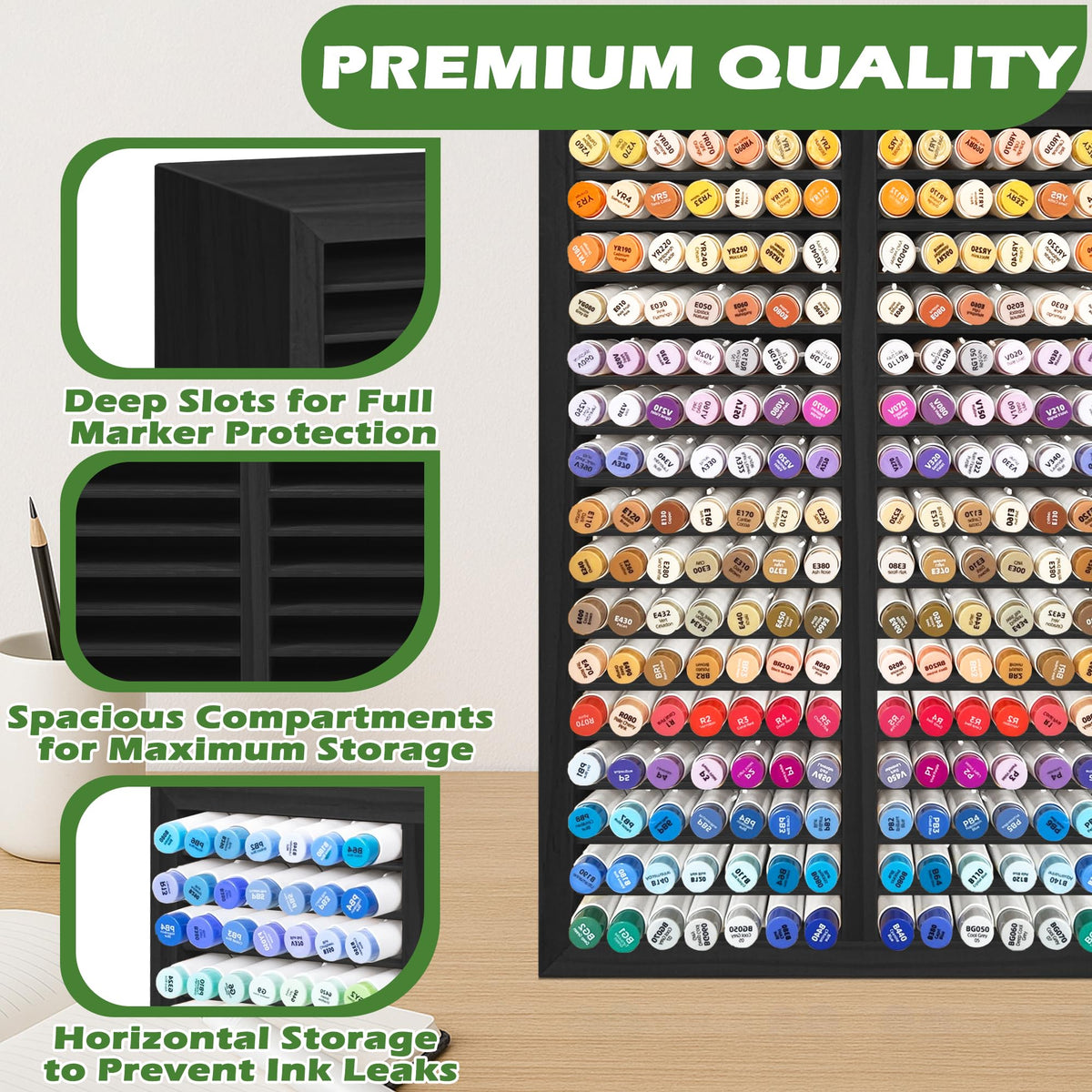 PROLEE Marker Organizer for 224 Markers, Wooden Alcohol Marker Holder with 32 Compartments