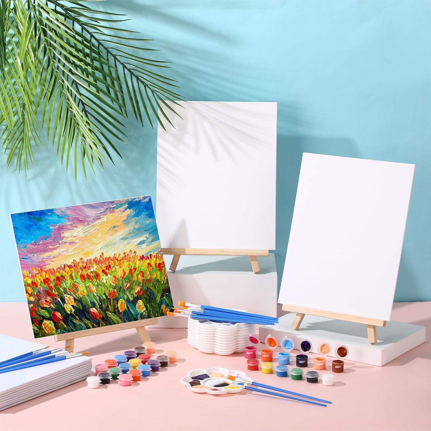 Qilery 24 Set 8 x 10 Inch Canvas Boards and Easel for Painting, Acrylic Paint Strips, Brushes