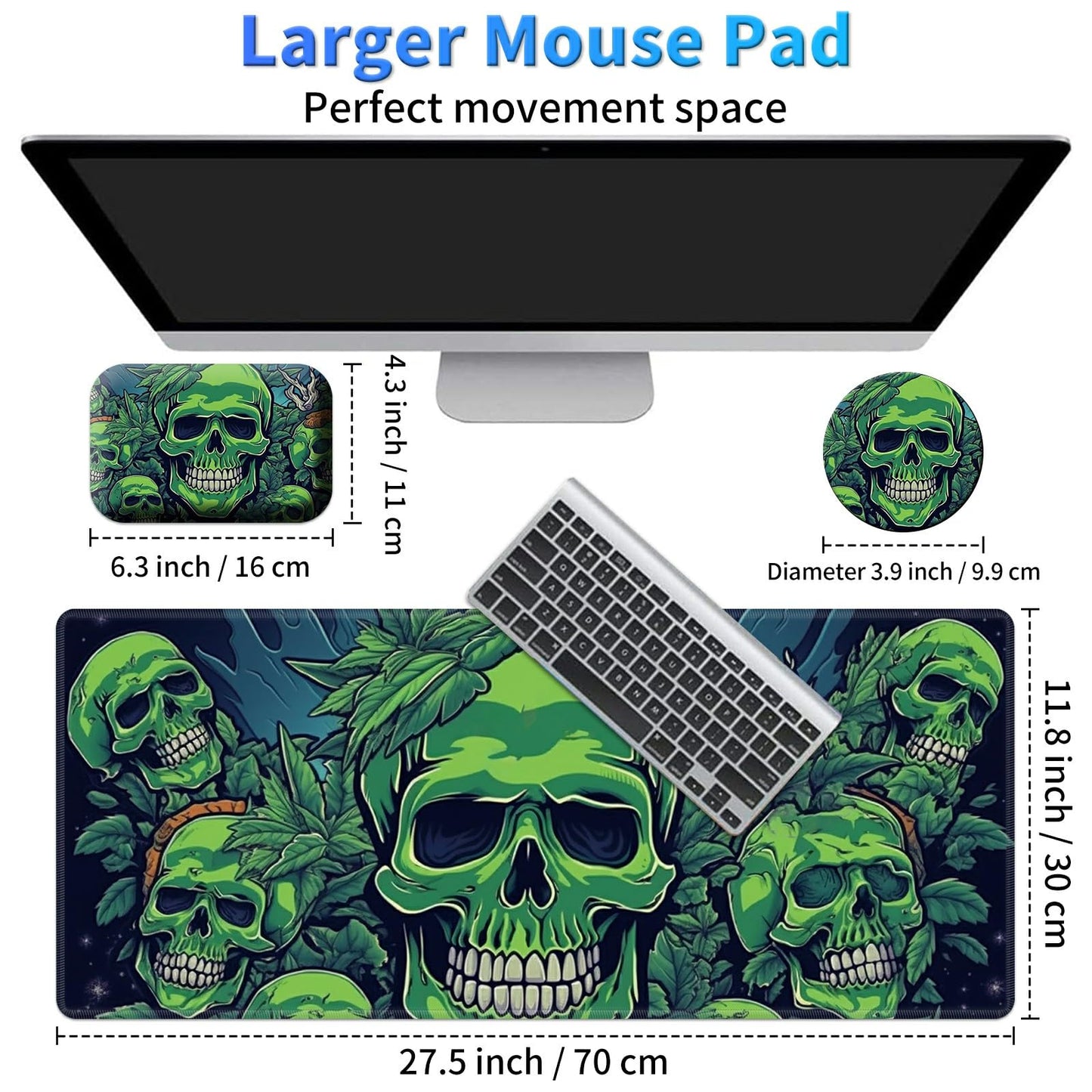 BPQOJB Laptop Mouse Pad 27.5 x 11.8 inch & Small Wrist Rests with Coasters and Green Forest Skull