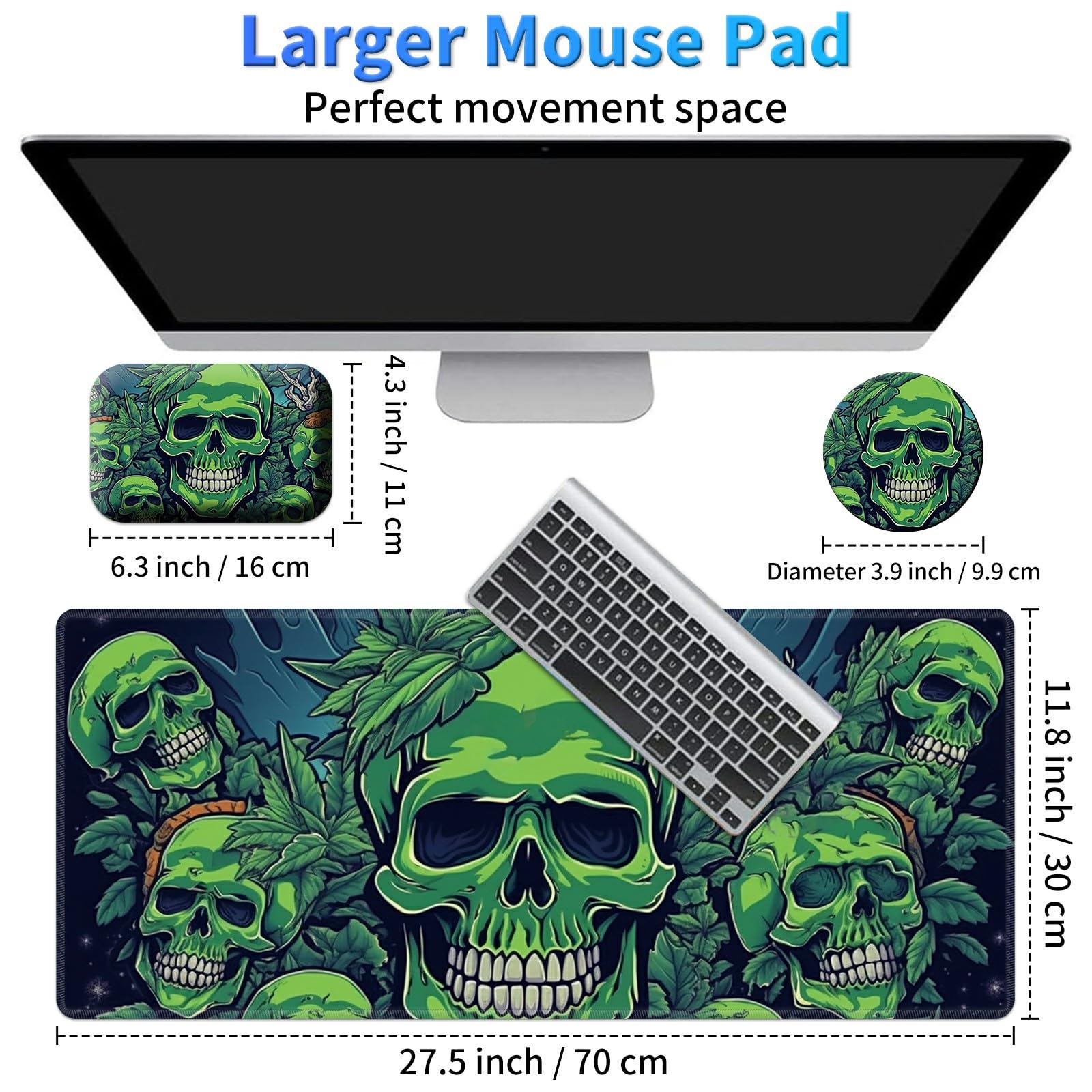 BPQOJB Laptop Mouse Pad 27.5 x 11.8 inch & Small Wrist Rests with Coasters and Green Forest Skull