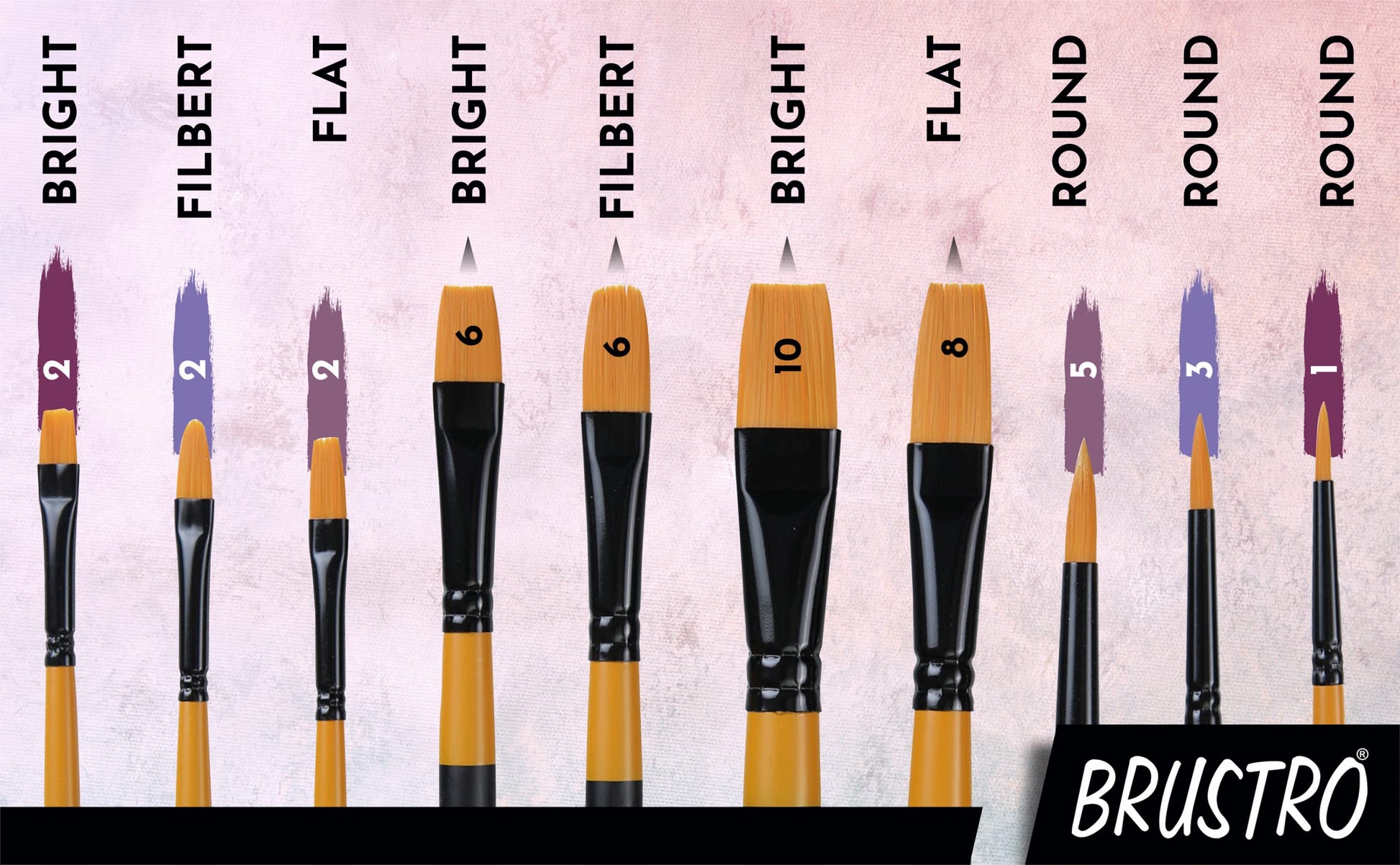 BRUSTRO Artists Gold Taklon Set Of 10 Brushes For Acrylics, Oil And Watercolour. Gold Taklon Set of