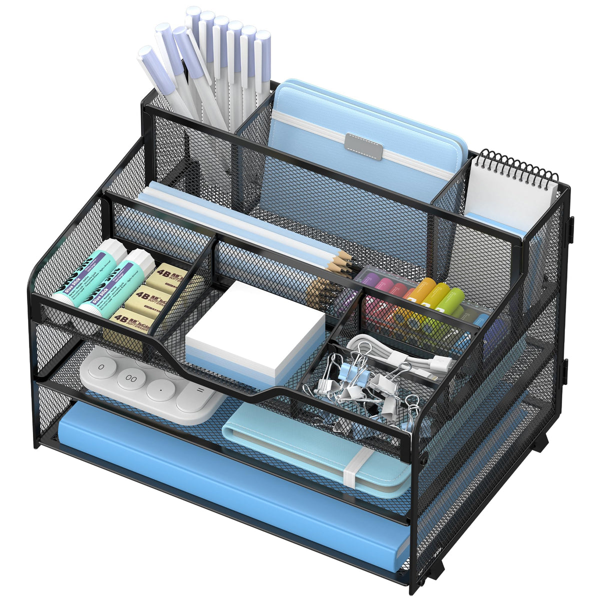 OrgMate 3 Tier Mesh Paper Desk Organizer with Pen Holders, Black