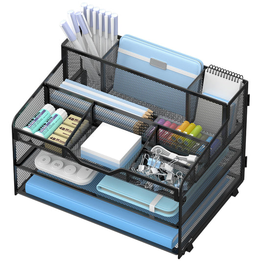 OrgMate 3 Tier Mesh Paper Desk Organizer with Pen Holders, Black