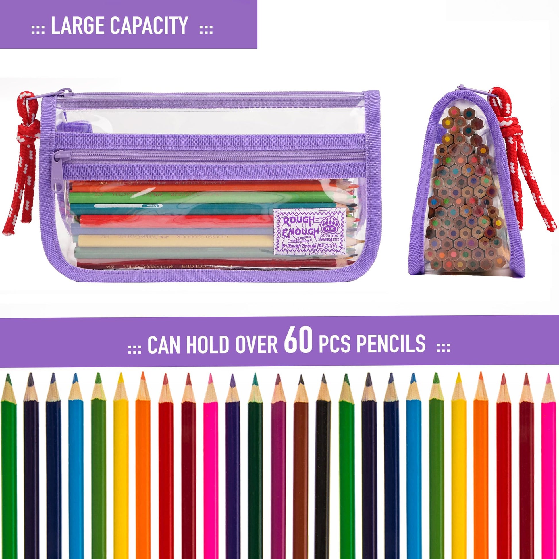 Rough Enough Clear Pencil Case for School, 60+ Pencils Capacity, Purple