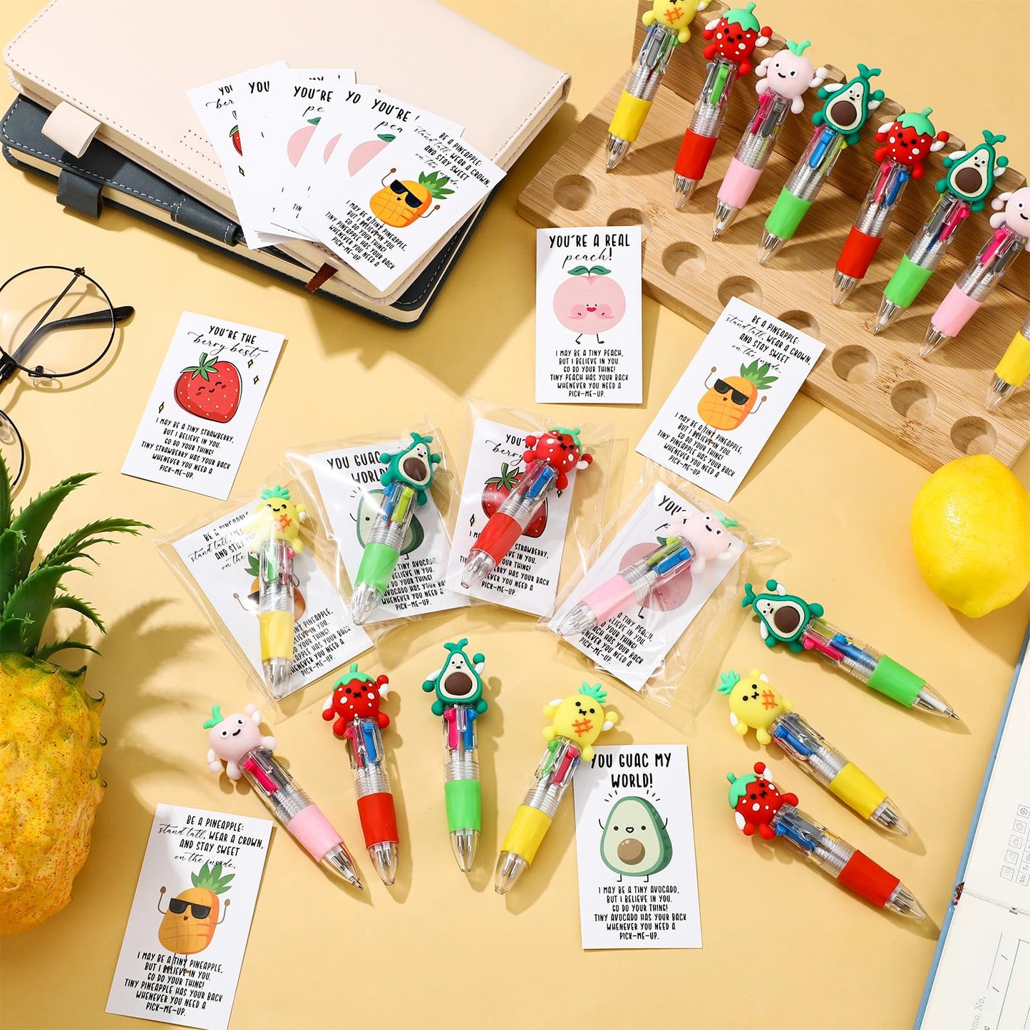 Sayglossy 24 Sets Fruit Party Favor Pens Gifts Bulk, 4 with Positive Cards