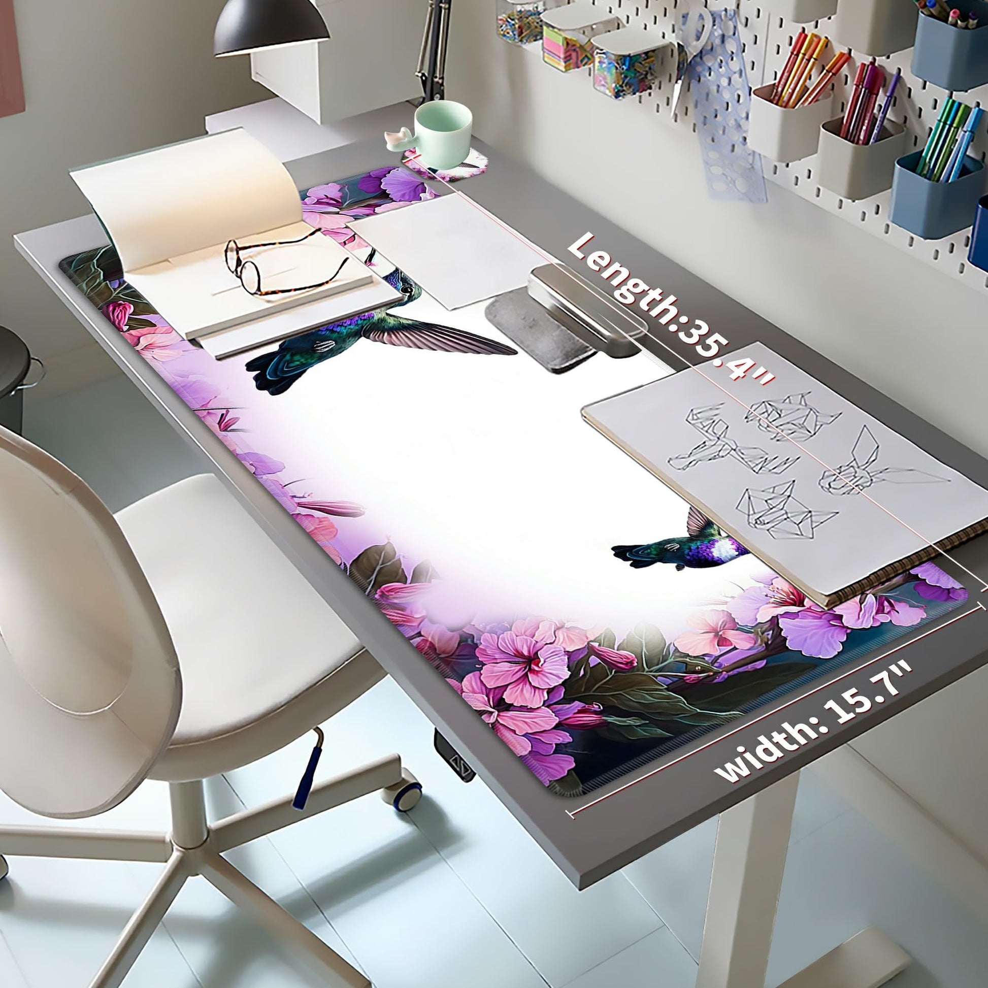 Hummingbird Extended Large Mouse Pad with Coaster - 35.4 x 15.7 Full Desk Mousepad - Stitched Edges