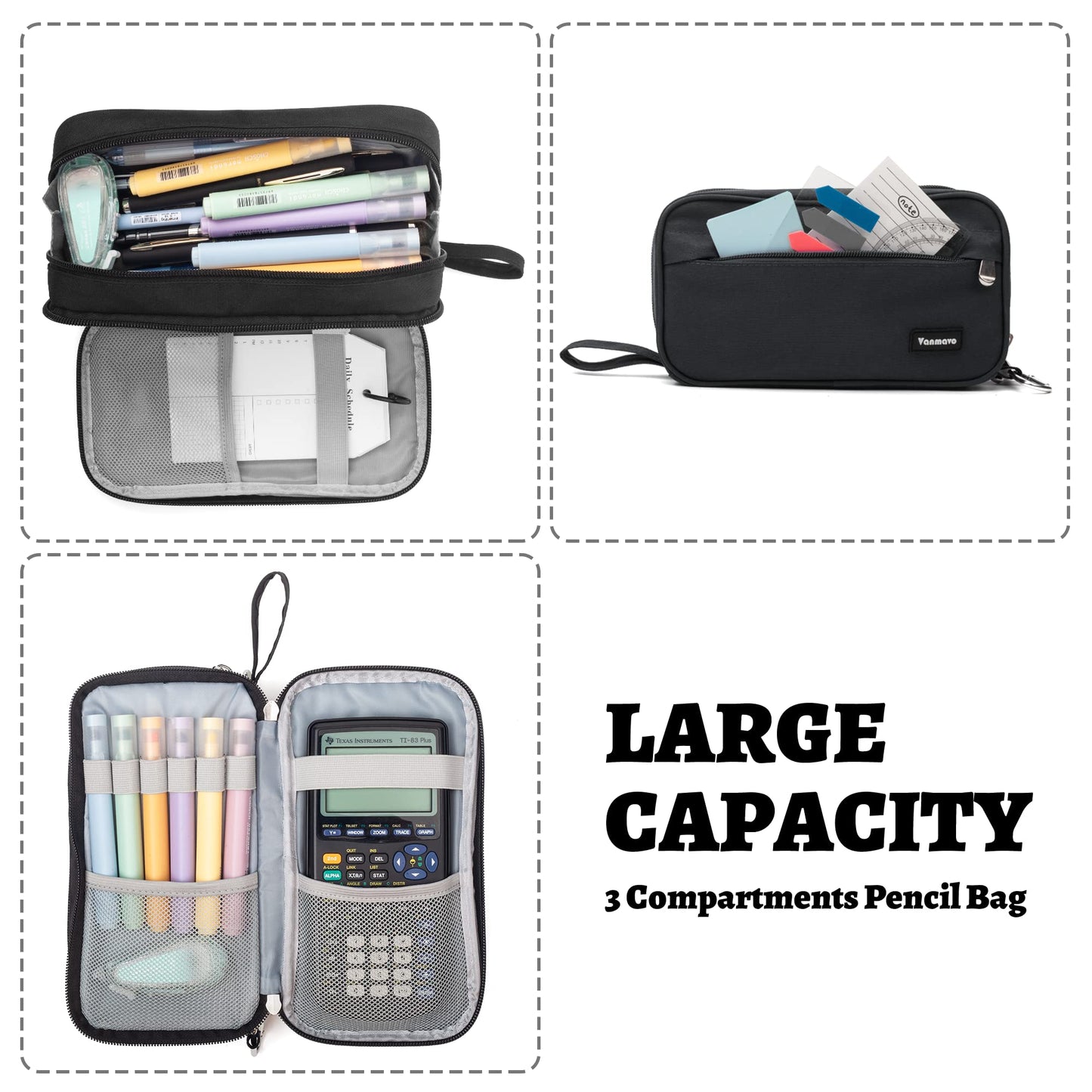Pencil Case Big Capacity Pen Pouch Large Storage Holder Marker Pen Bag Durable 3 Compartment School