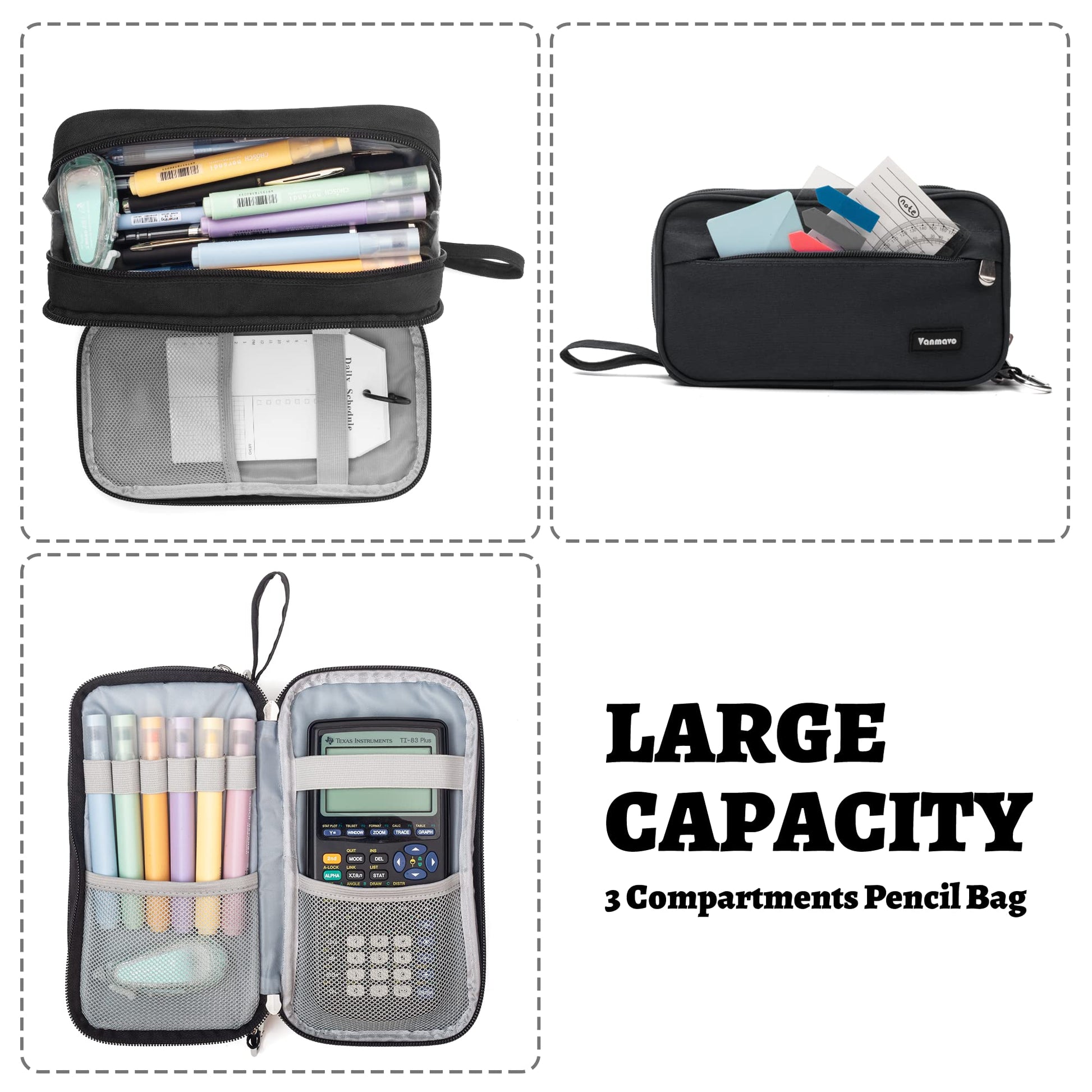 Pencil Case Big Capacity Pen Pouch Large Storage Holder Marker Pen Bag Durable 3 Compartment School