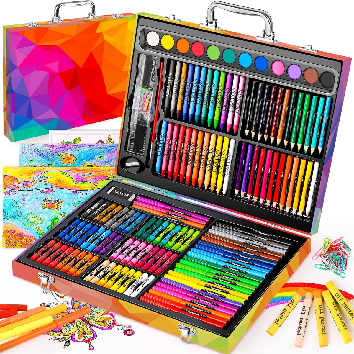 Soucolor 183 Art Drawing Painting Kit, Crayons Pastels Markers, Wooden Case