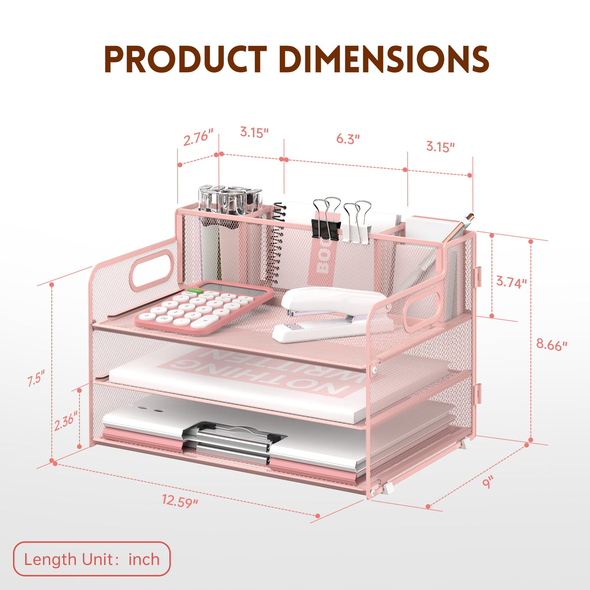 3-Tier Desk Organizer with Pen Holder and Handles, Paper Organizer, Pink